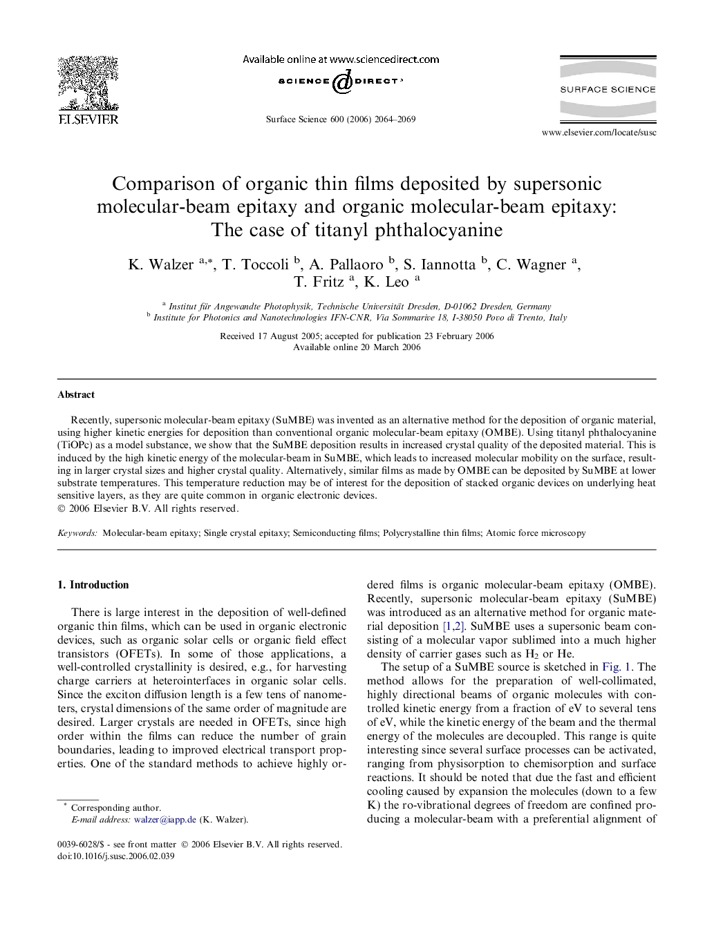 عکس صفحه اول مقاله: Comparison of organic thin films deposited by supersonic molecular-beam epitaxy and organic molecular-beam epitaxy: The case of titanyl phthalocyanine Comparison of organic thin films deposited by supersonic molecular-beam epitaxy and organic molecular-beam epitaxy: The case of titanyl phthalocyanine