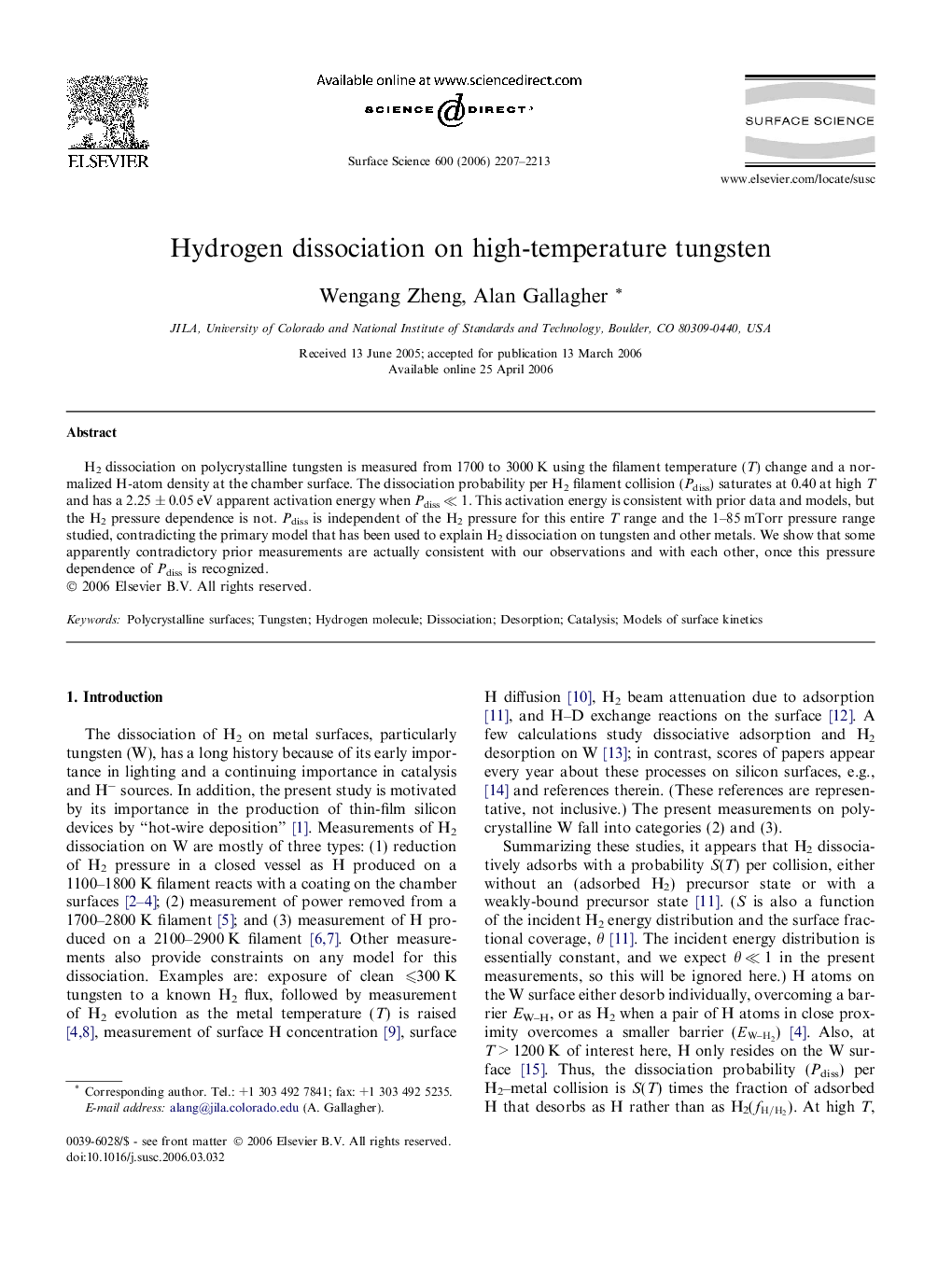 Hydrogen dissociation on high-temperature tungsten