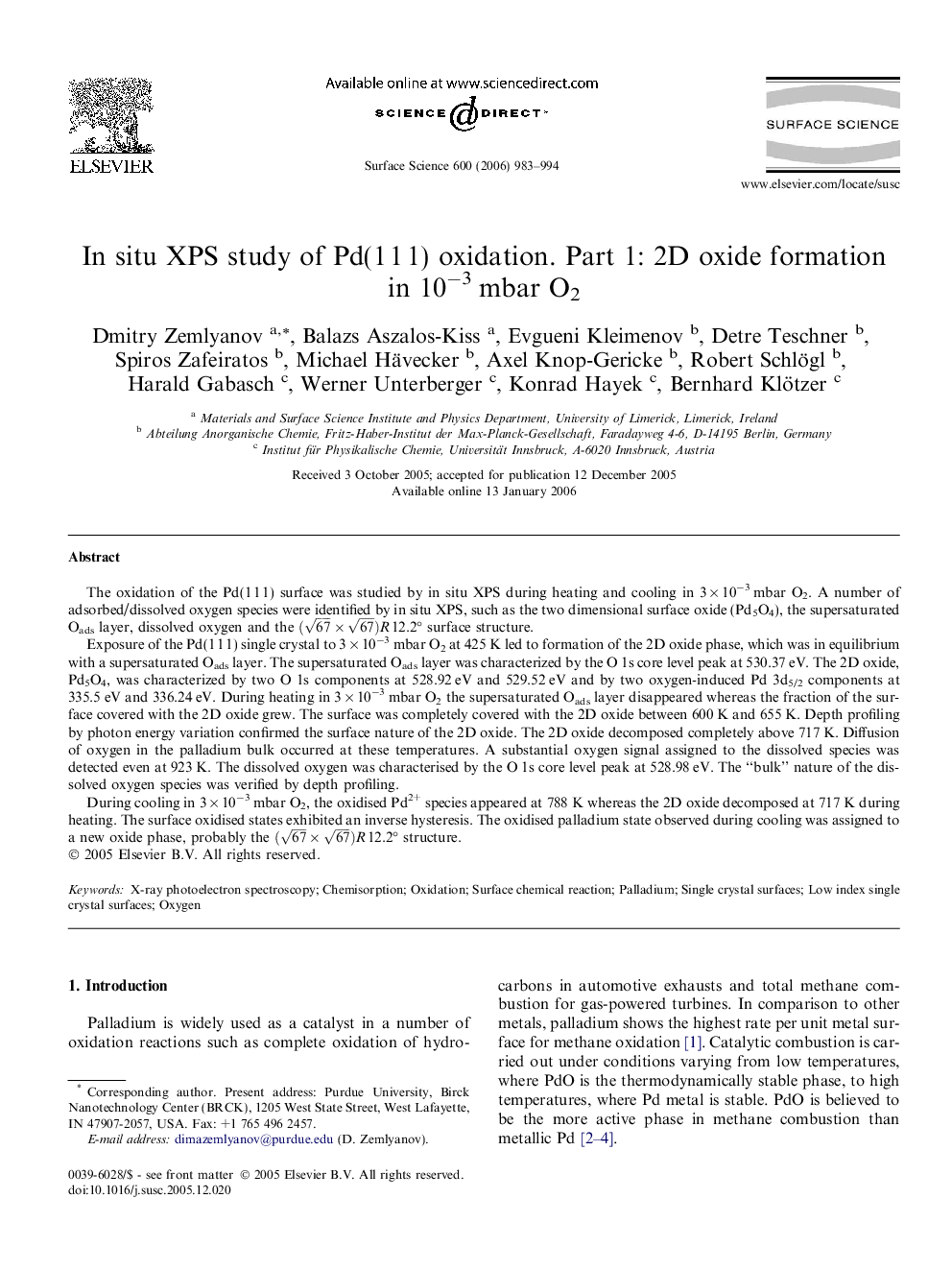 In situ XPS study of Pd(1 1 1) oxidation. Part 1: 2D oxide formation in 10â3 mbar O2