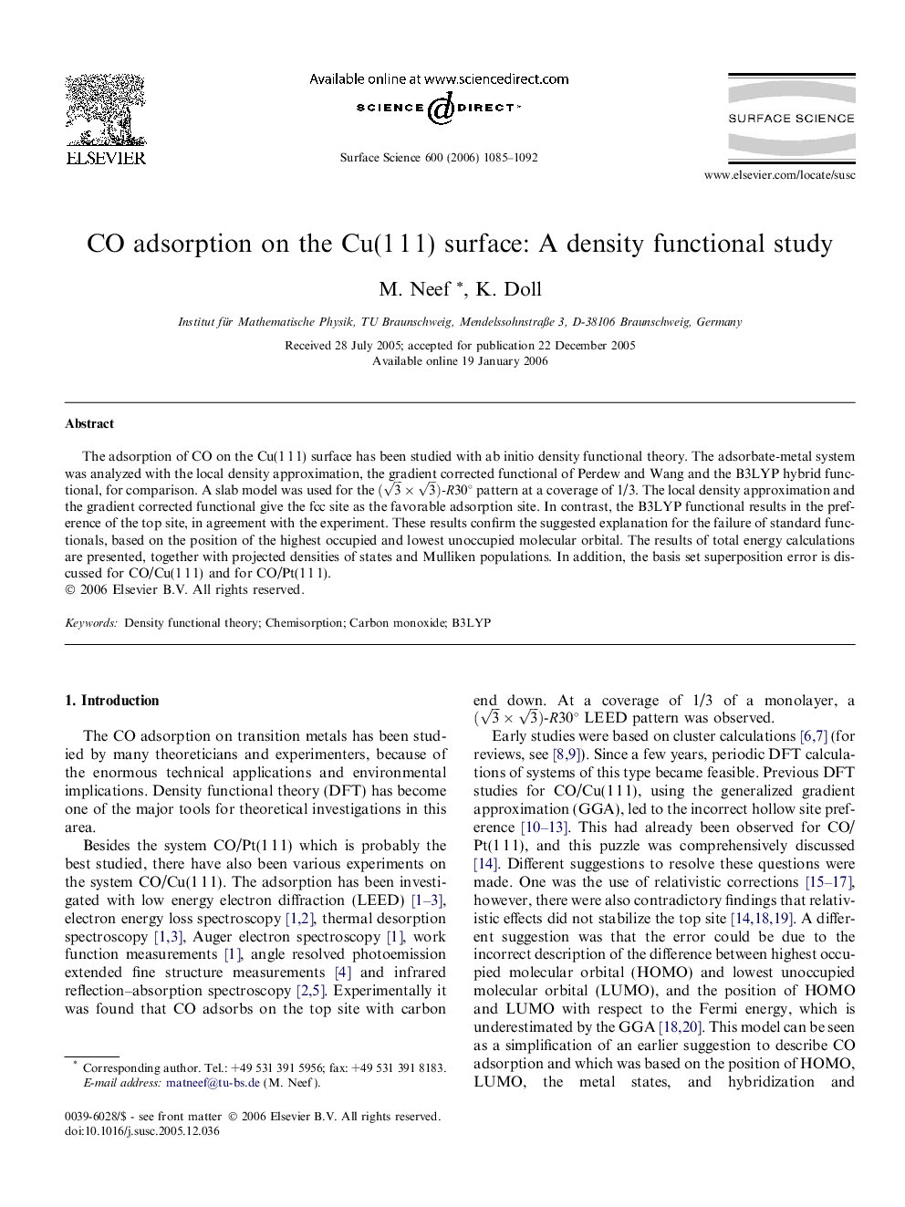 CO adsorption on the Cu(1 1 1) surface: A density functional study