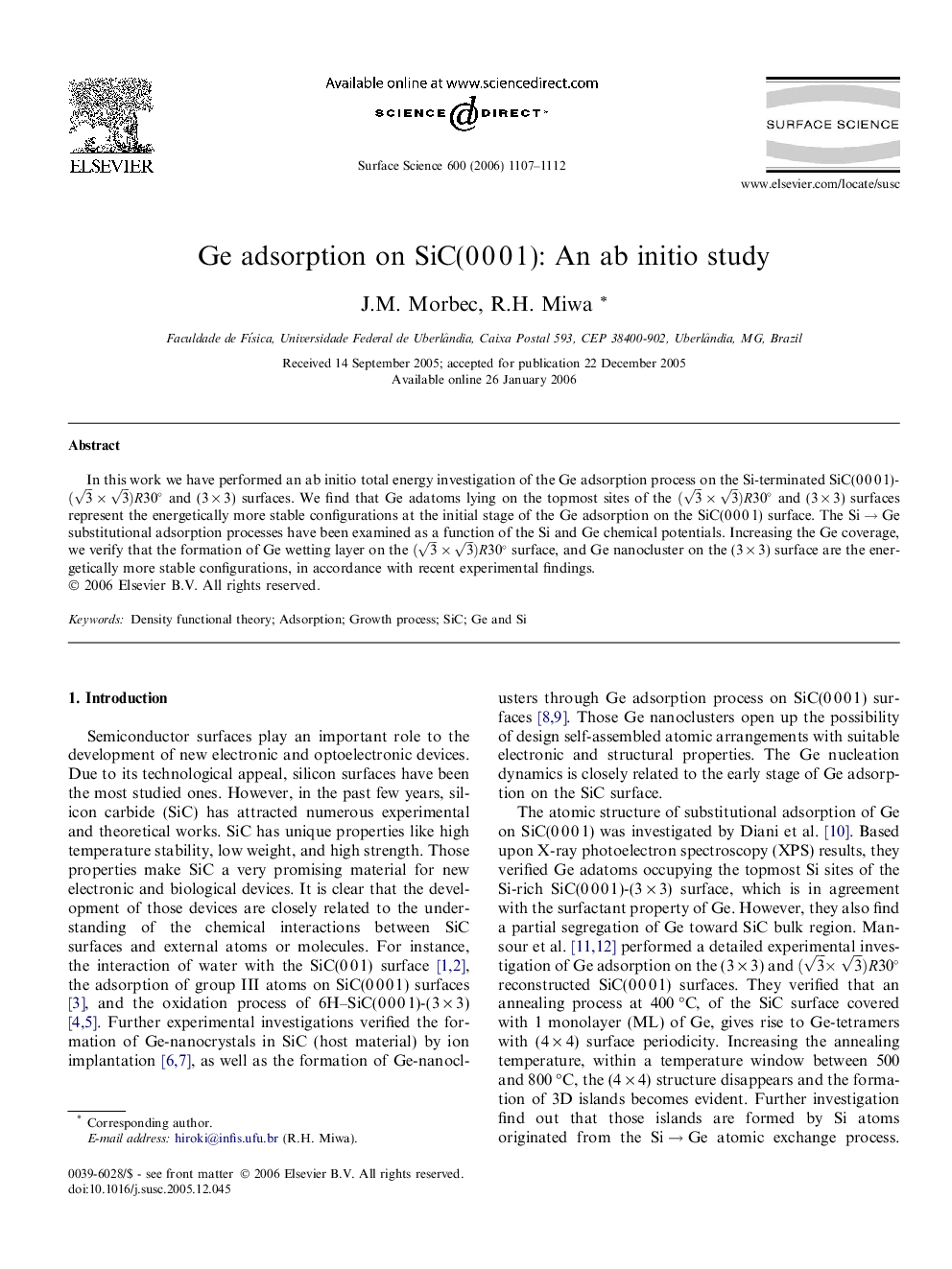 Ge adsorption on SiC(0 0 0 1): An ab initio study