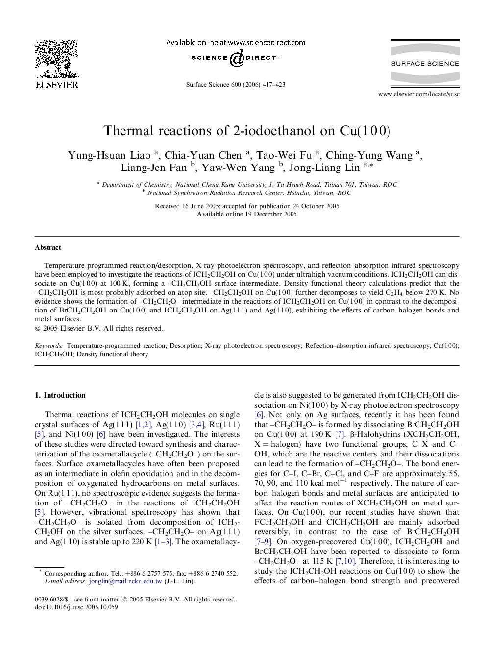 Thermal reactions of 2-iodoethanol on Cu(1 0 0)