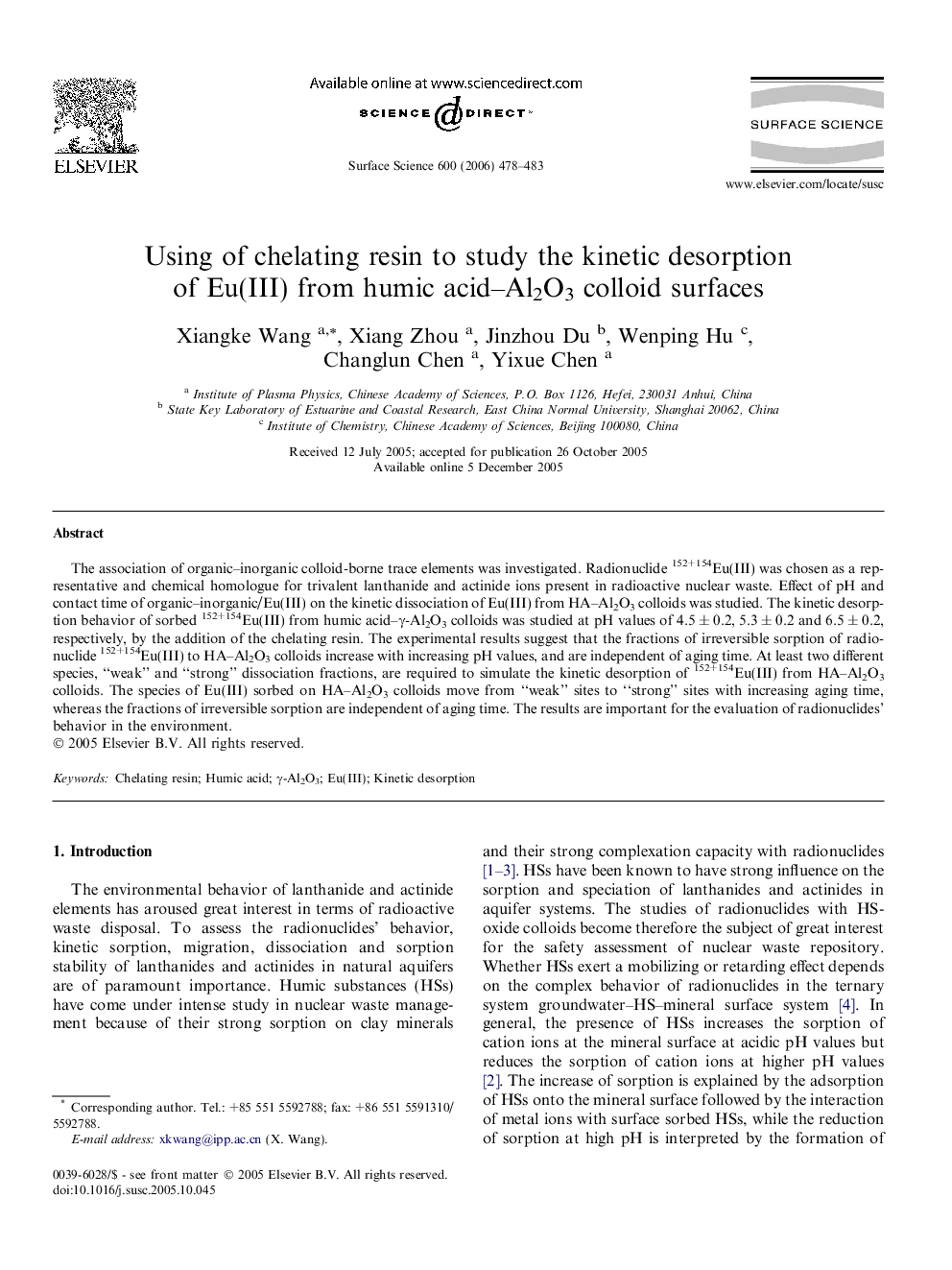 Using of chelating resin to study the kinetic desorption of Eu(III) from humic acid-Al2O3 colloid surfaces