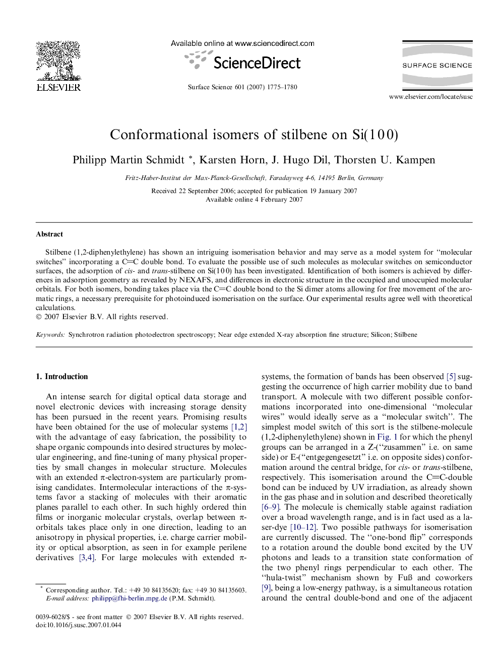 Conformational isomers of stilbene on Si(1 0 0)