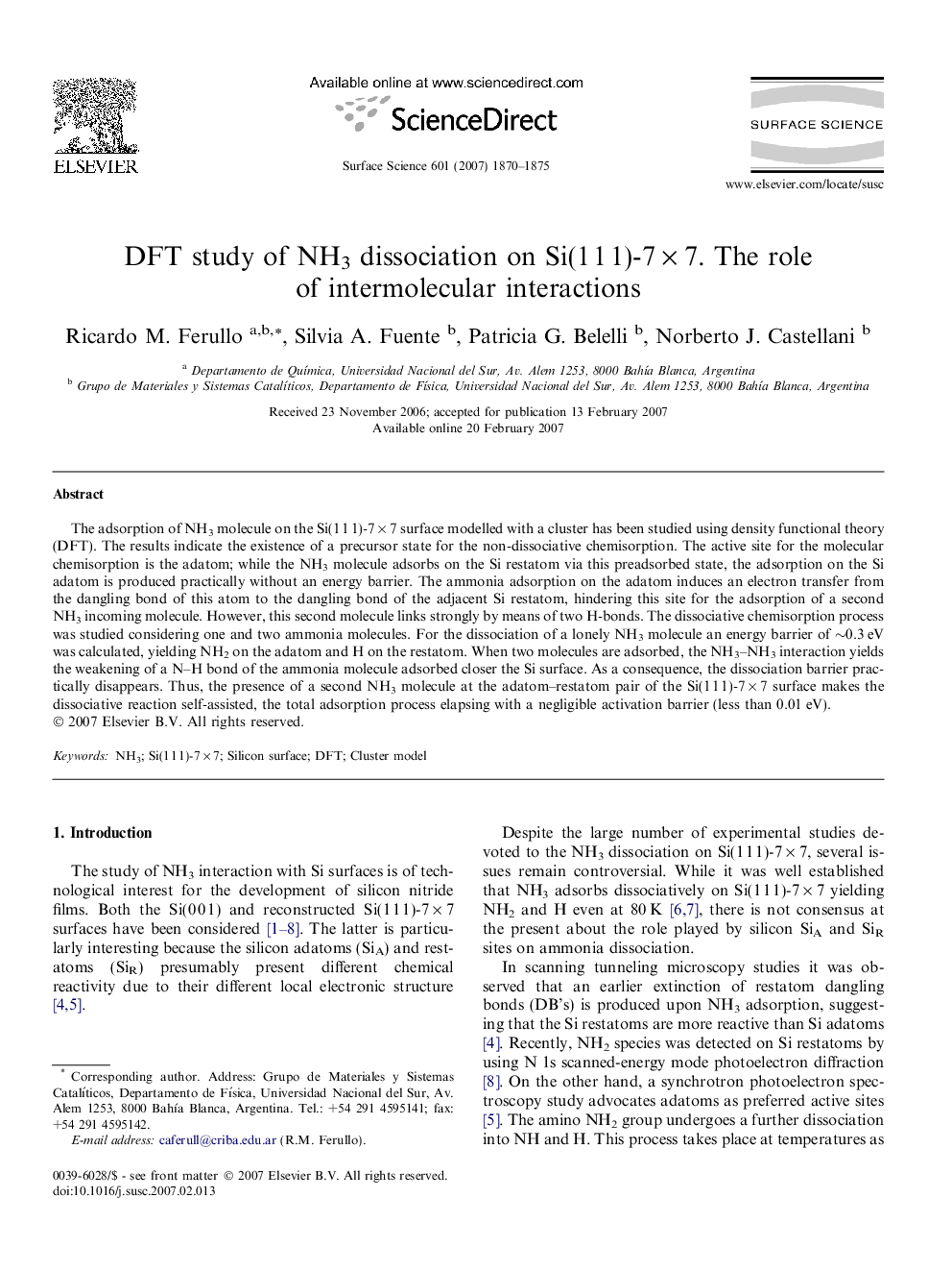 DFT study of NH3 dissociation on Si(1 1 1)-7 Ã 7. The role of intermolecular interactions