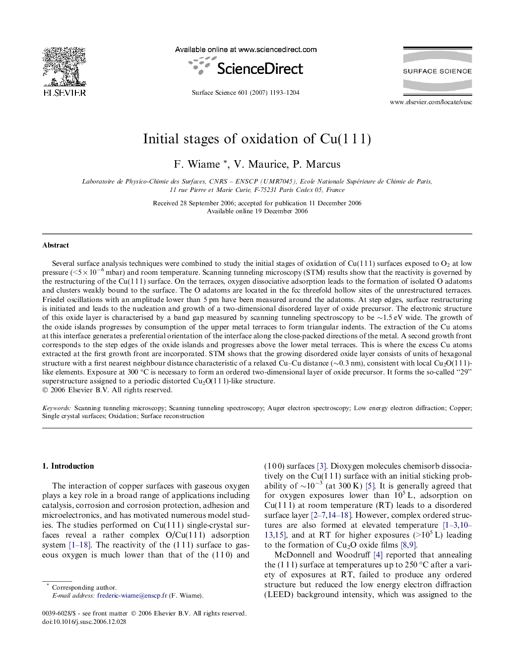 Initial stages of oxidation of Cu(1 1 1)