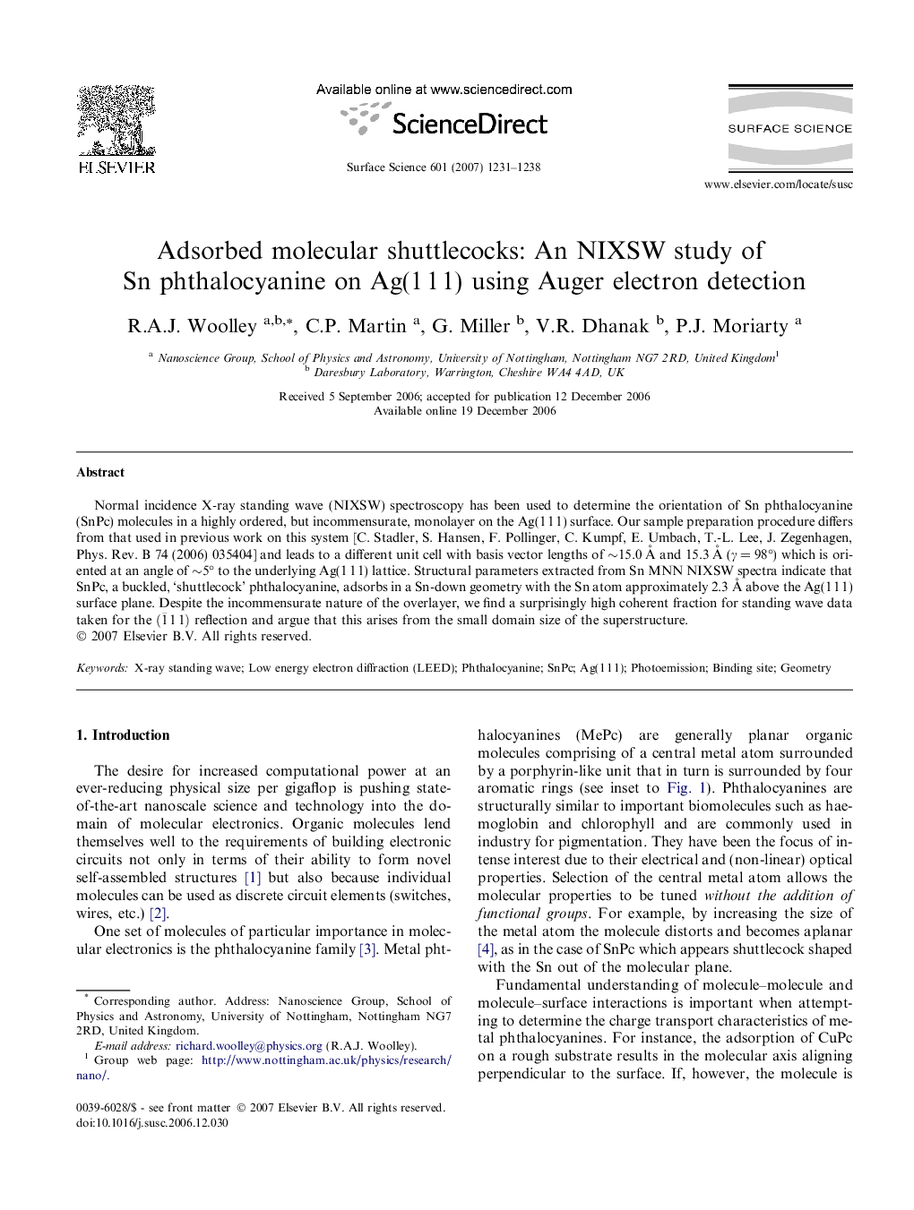 Adsorbed molecular shuttlecocks: An NIXSW study of Sn phthalocyanine on Ag(1 1 1) using Auger electron detection