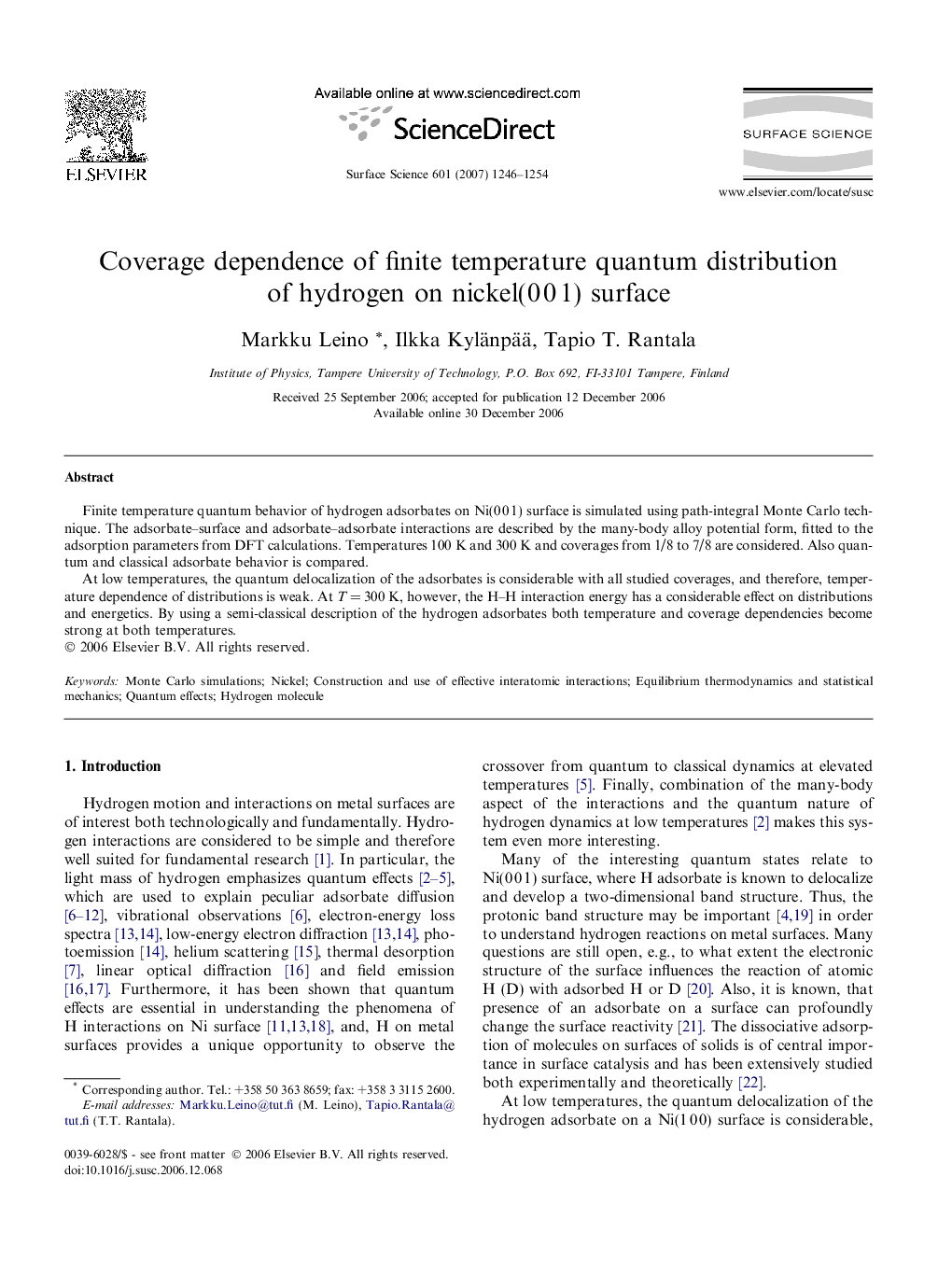 Coverage dependence of finite temperature quantum distribution of hydrogen on nickel(0 0 1) surface