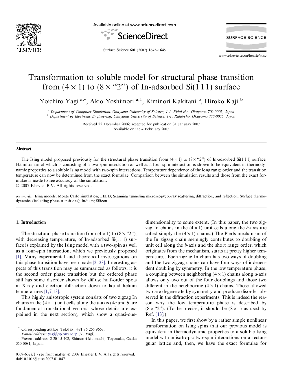 Transformation to soluble model for structural phase transition from (4 Ã 1) to (8 Ã “2”) of In-adsorbed Si(1 1 1) surface