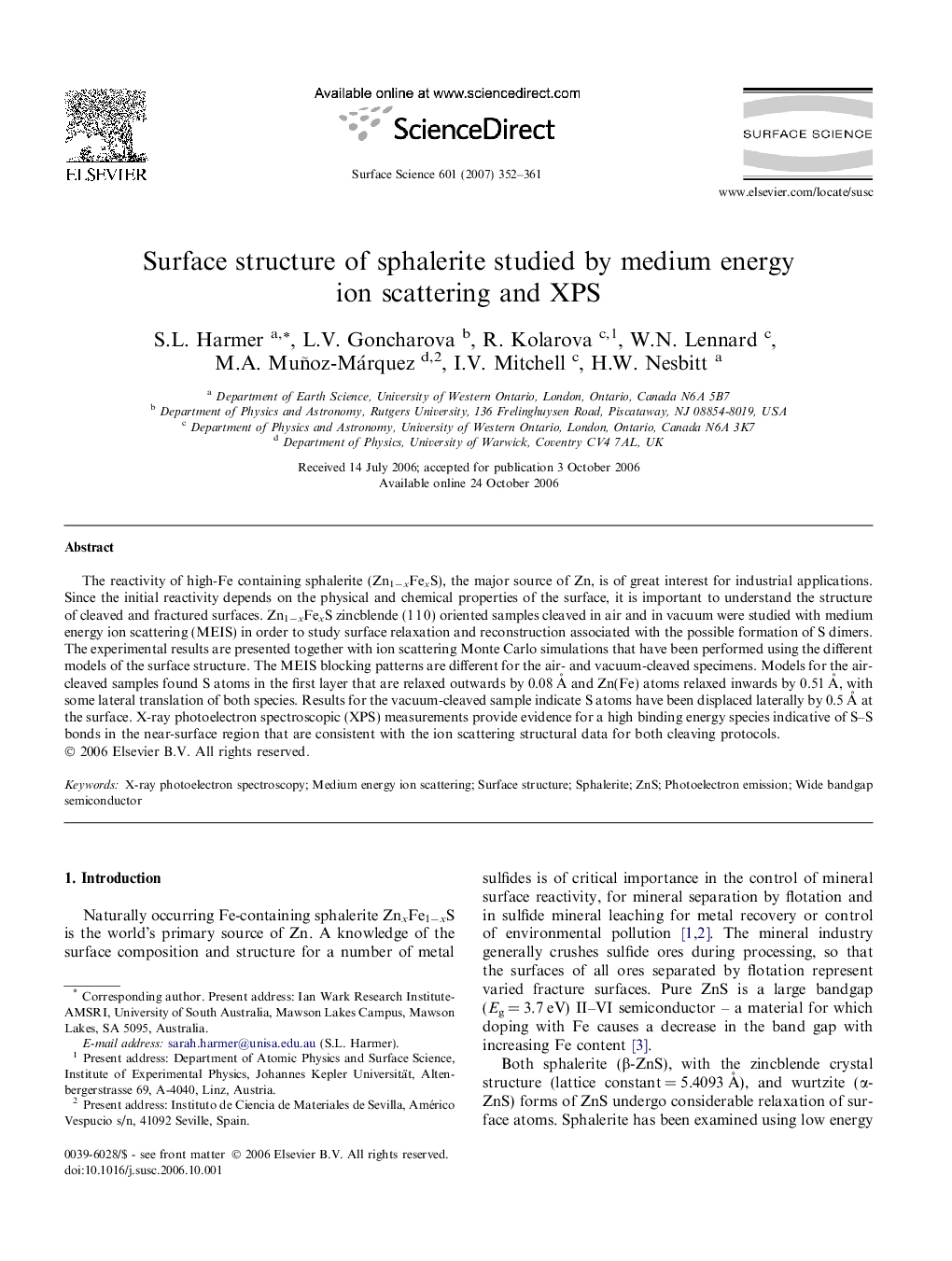 Surface structure of sphalerite studied by medium energy ion scattering and XPS