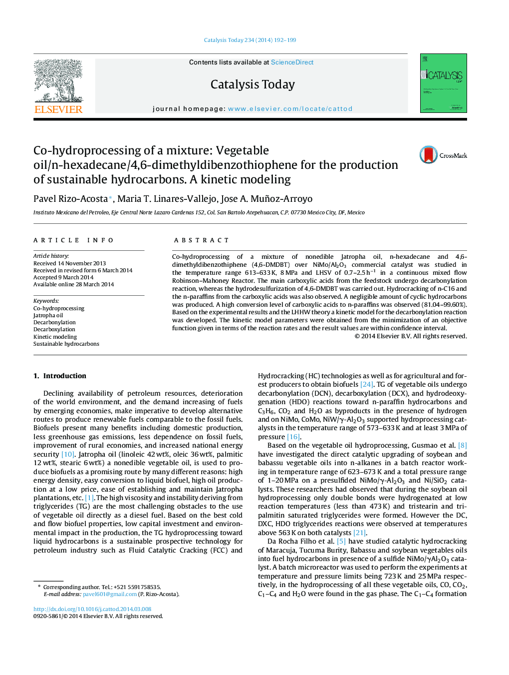 Co-hydroprocessing of a mixture: Vegetable oil/n-hexadecane/4,6-dimethyldibenzothiophene for the production of sustainable hydrocarbons. A kinetic modeling