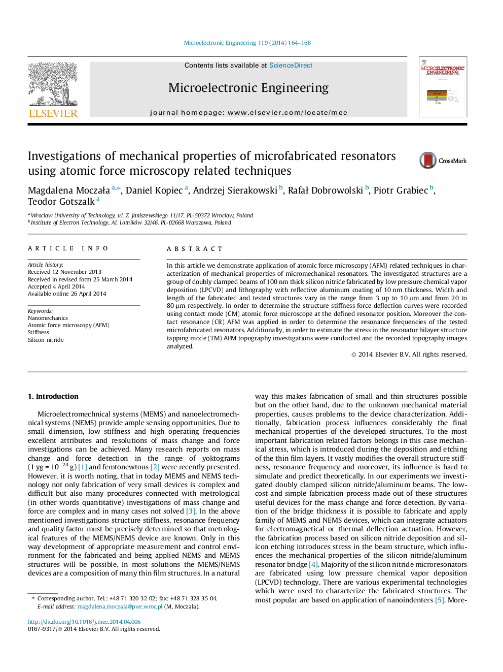 Investigations of mechanical properties of microfabricated resonators using atomic force microscopy related techniques