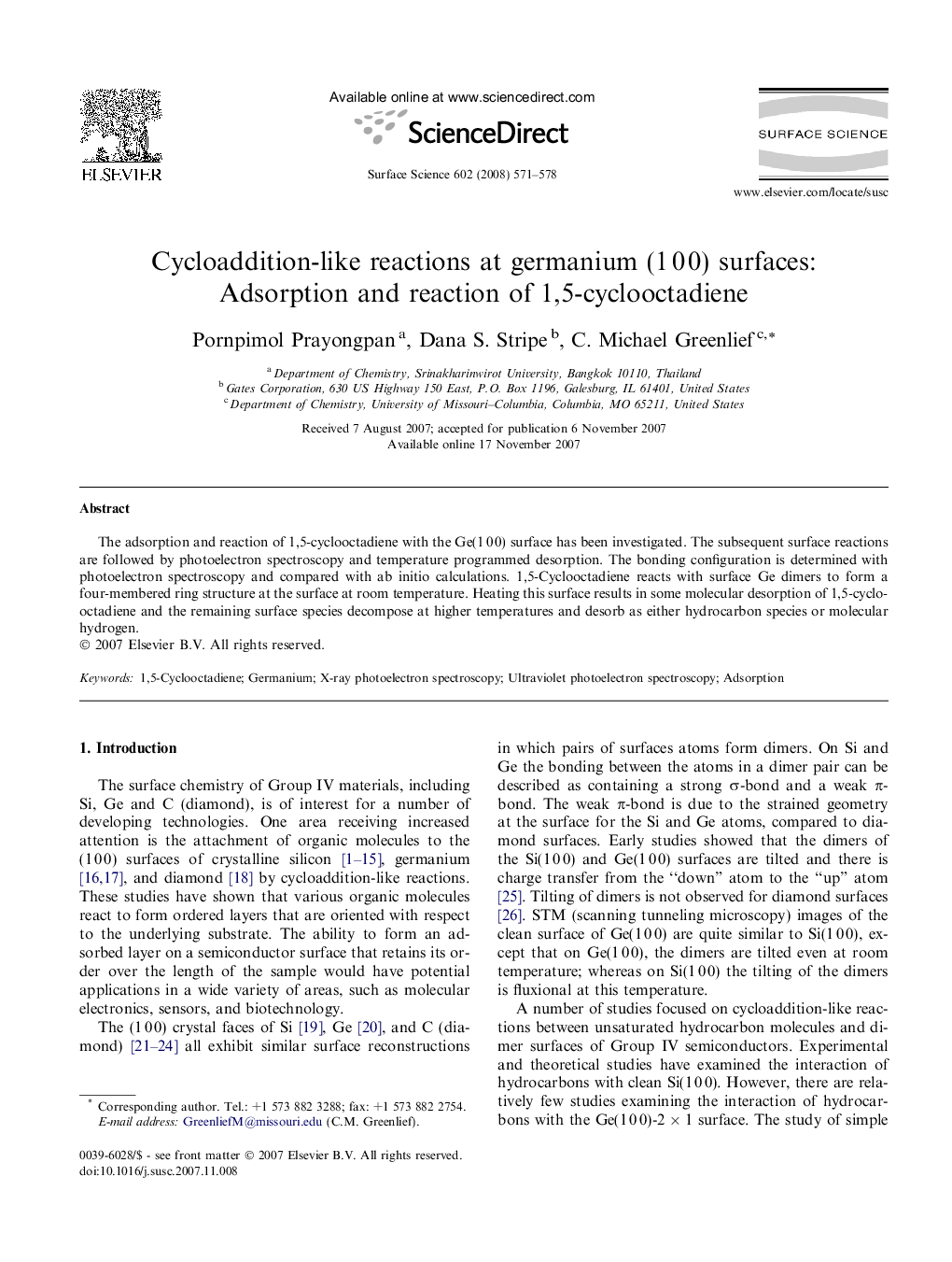 Cycloaddition-like reactions at germanium (1 0 0) surfaces: Adsorption and reaction of 1,5-cyclooctadiene