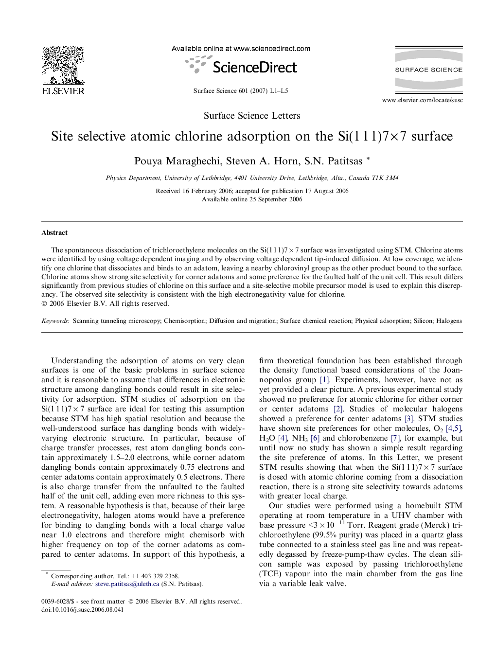 Site selective atomic chlorine adsorption on the Si(1 1 1)7 Ã 7 surface