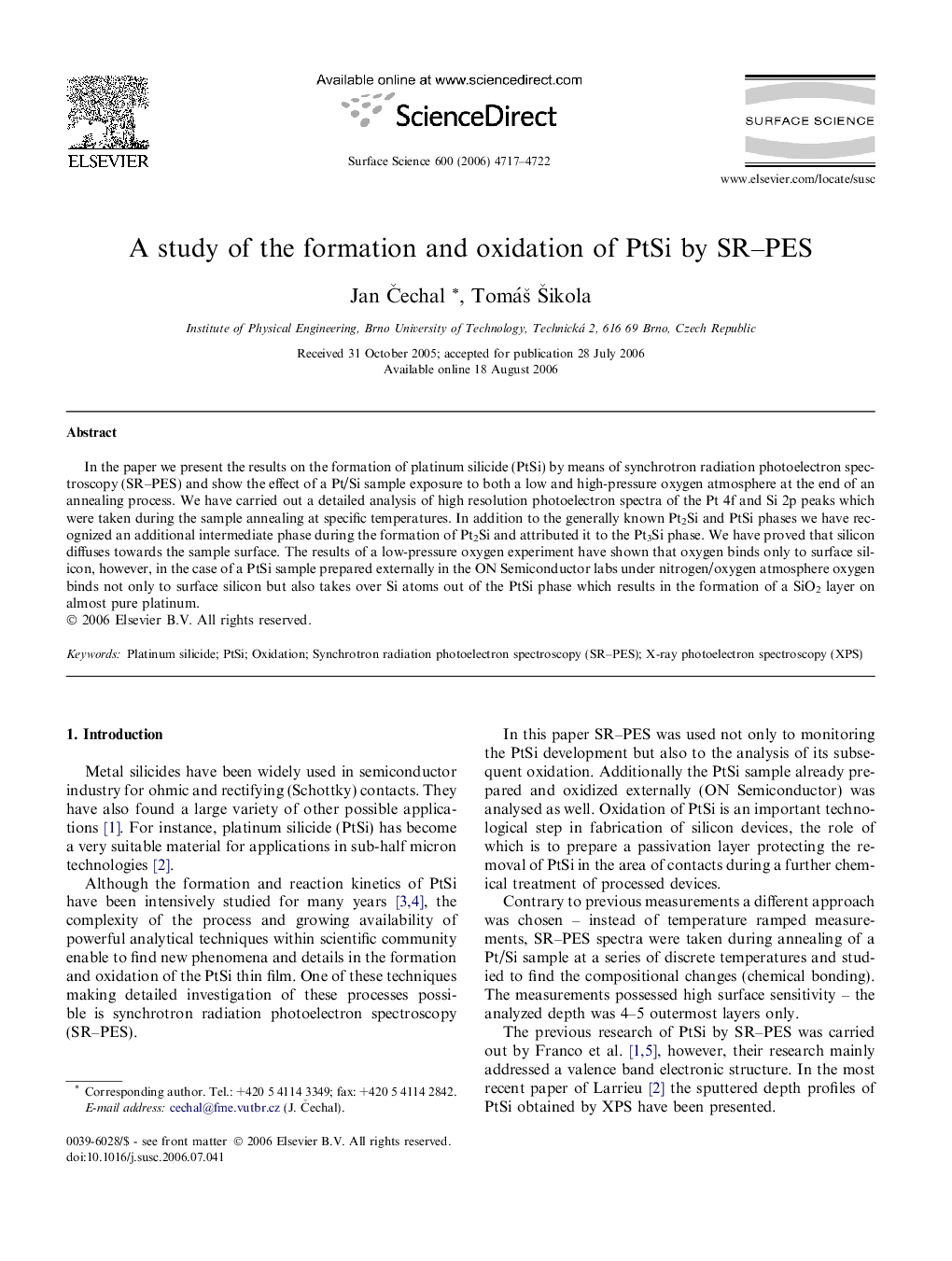 A study of the formation and oxidation of PtSi by SR-PES