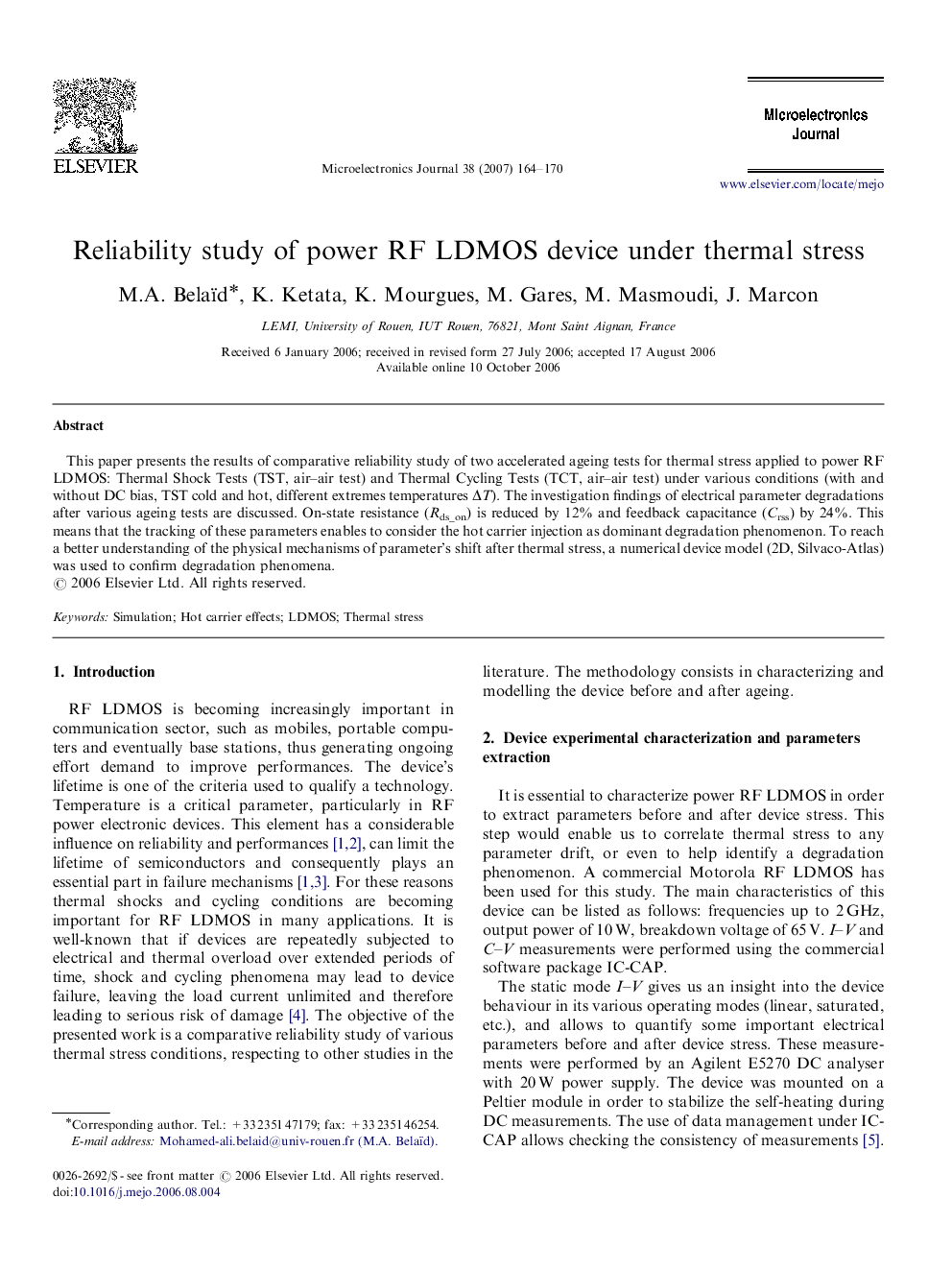 Reliability study of power RF LDMOS device under thermal stress