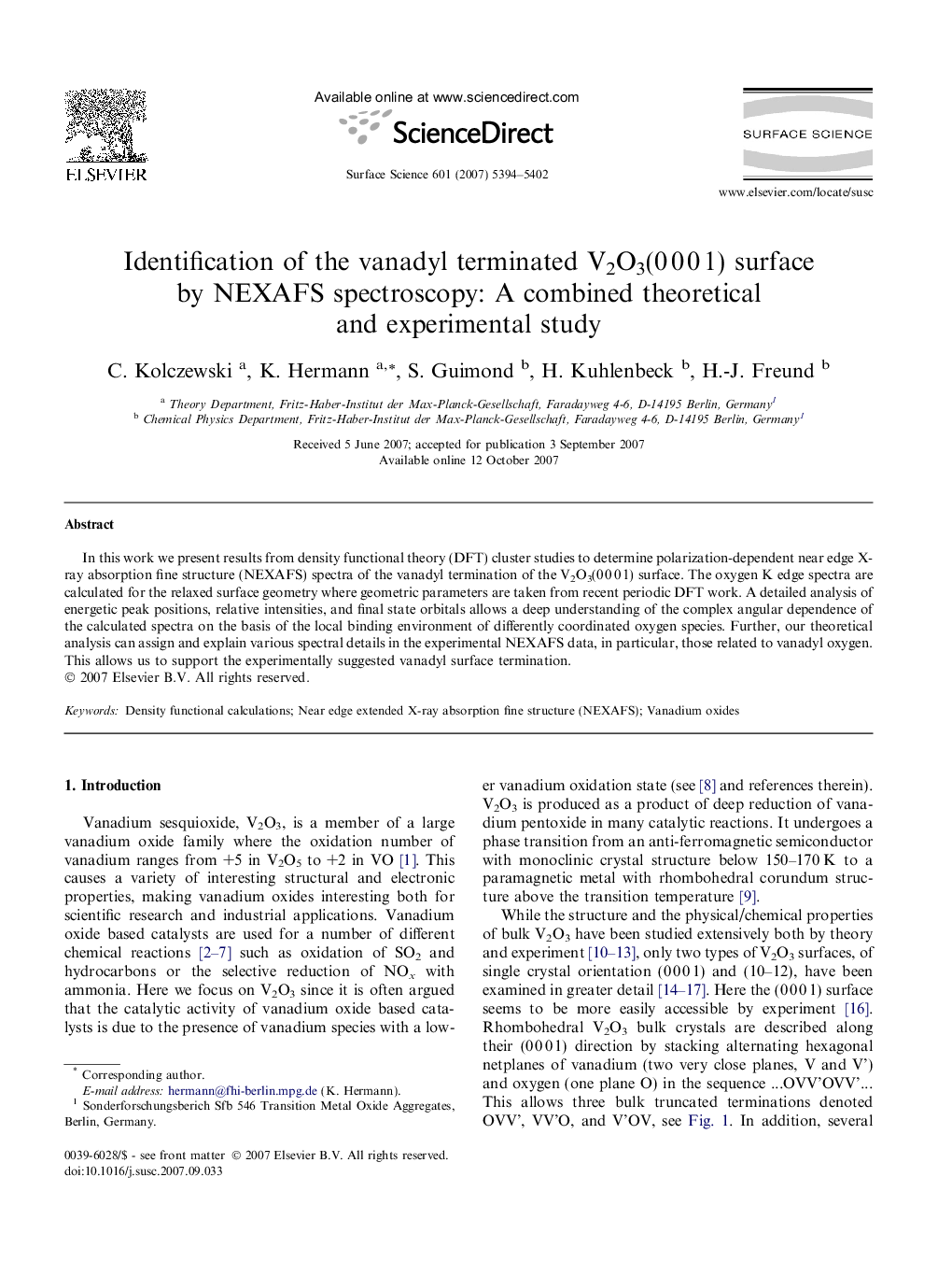 Identification of the vanadyl terminated V2O3(0 0 0 1) surface by NEXAFS spectroscopy: A combined theoretical and experimental study