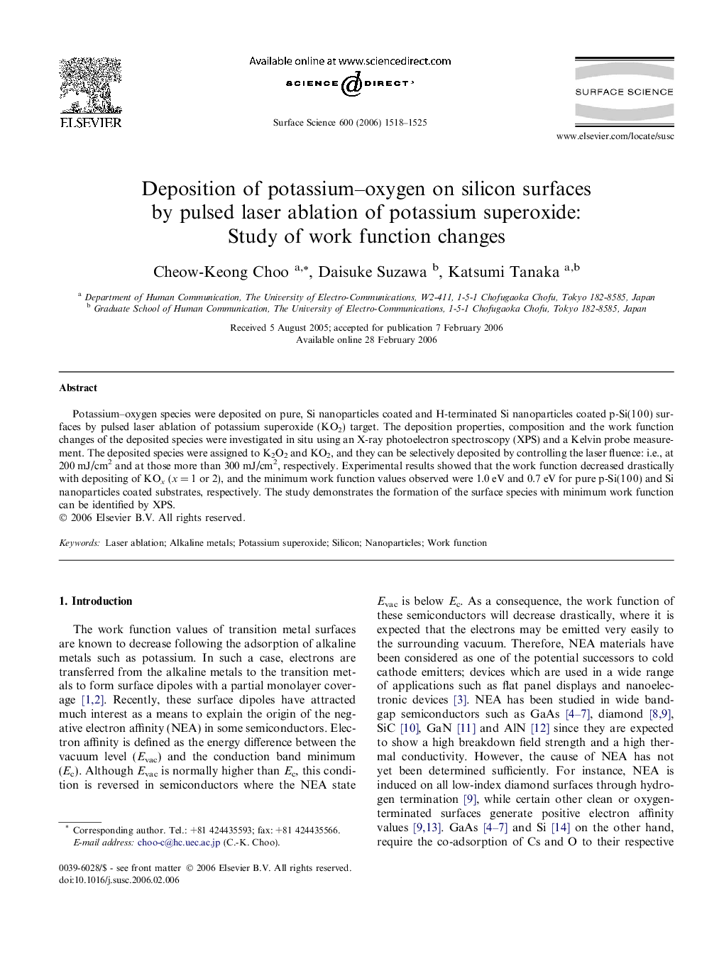 Deposition of potassium-oxygen on silicon surfaces by pulsed laser ablation of potassium superoxide: Study of work function changes