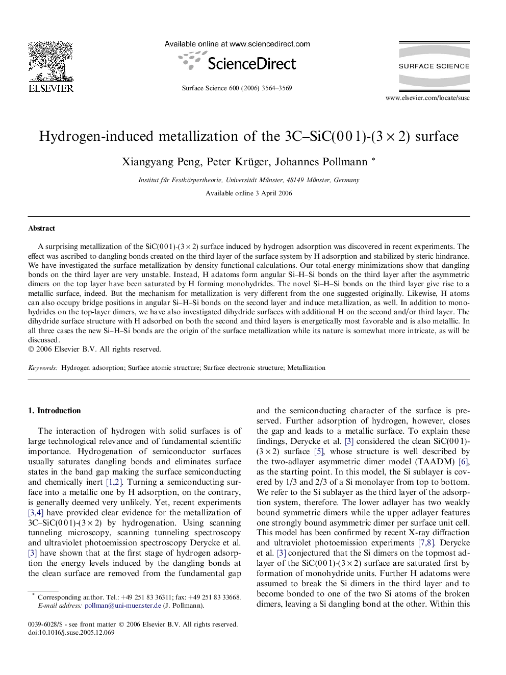 Hydrogen-induced metallization of the 3C-SiC(0 0 1)-(3 Ã 2) surface