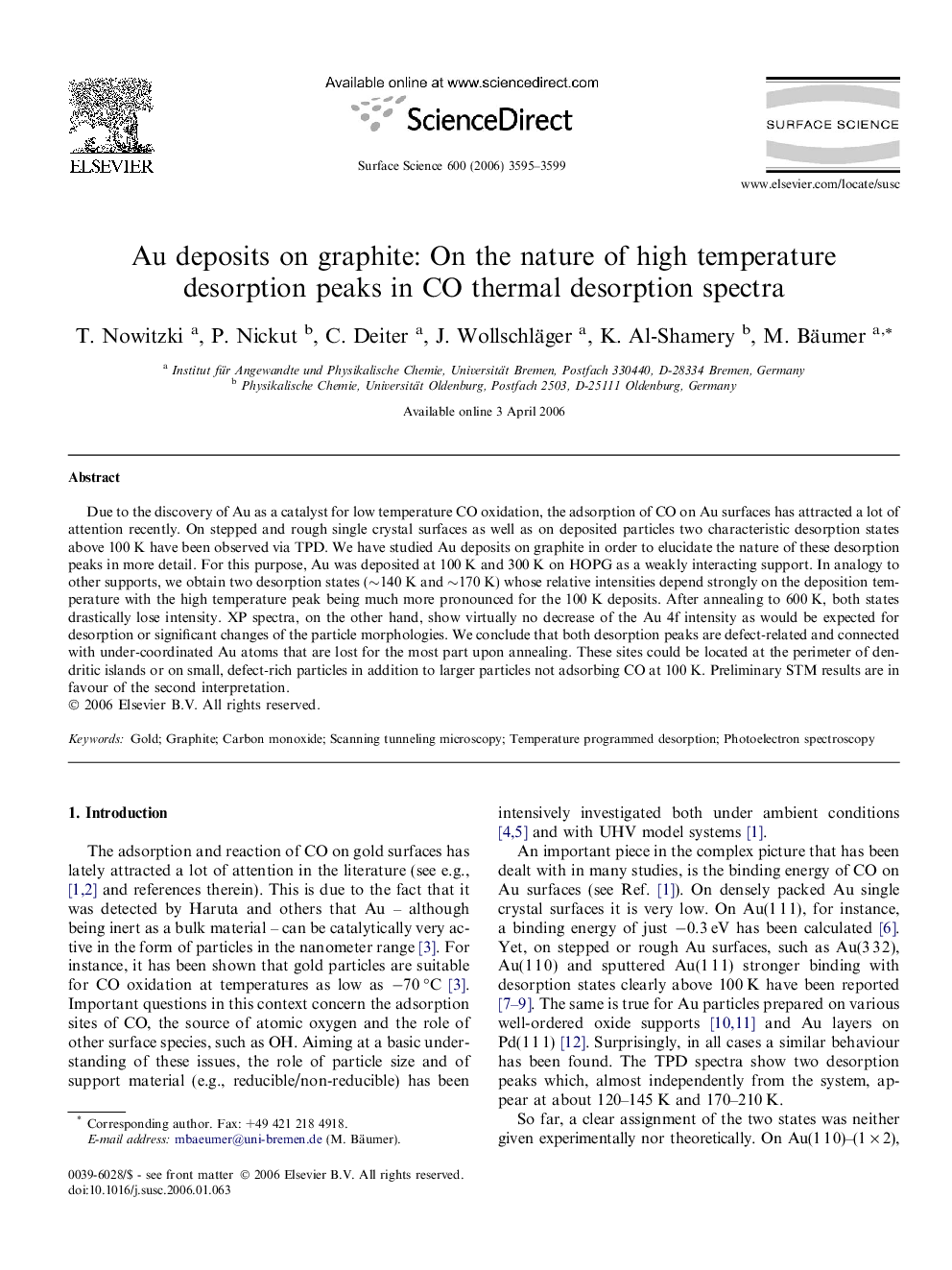 Au deposits on graphite: On the nature of high temperature desorption peaks in CO thermal desorption spectra