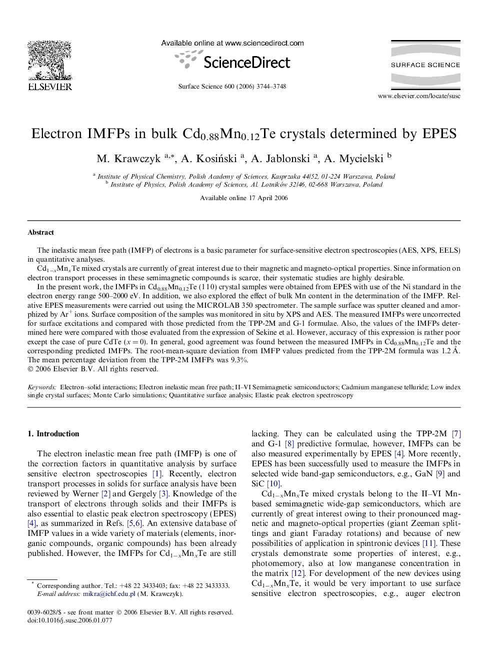 عکس صفحه اول مقاله: Electron IMFPs in bulk Cd0.88Mn0.12Te crystals determined by EPES Electron IMFPs in bulk Cd0.88Mn0.12Te crystals determined by EPES
