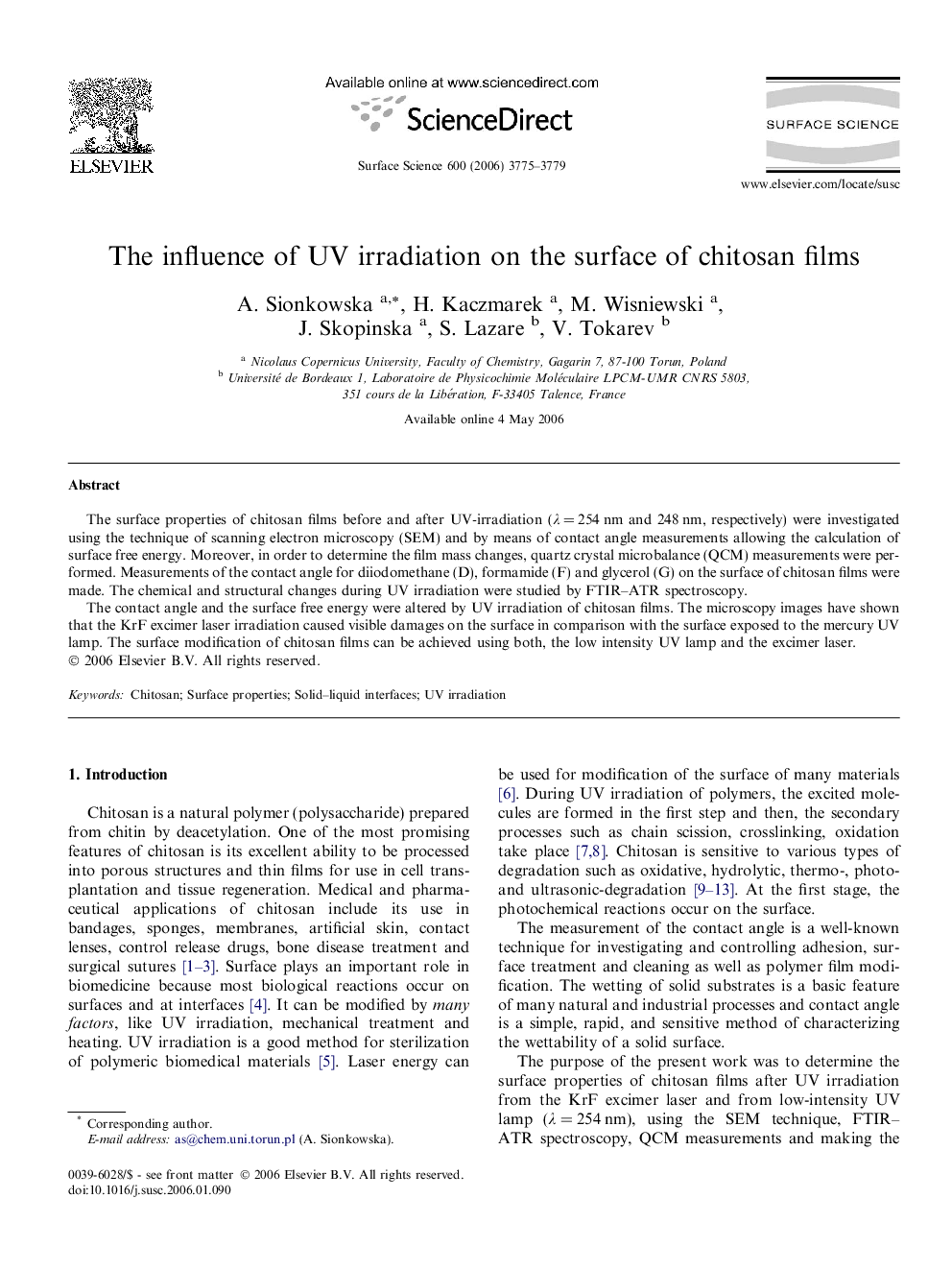 The influence of UV irradiation on the surface of chitosan films