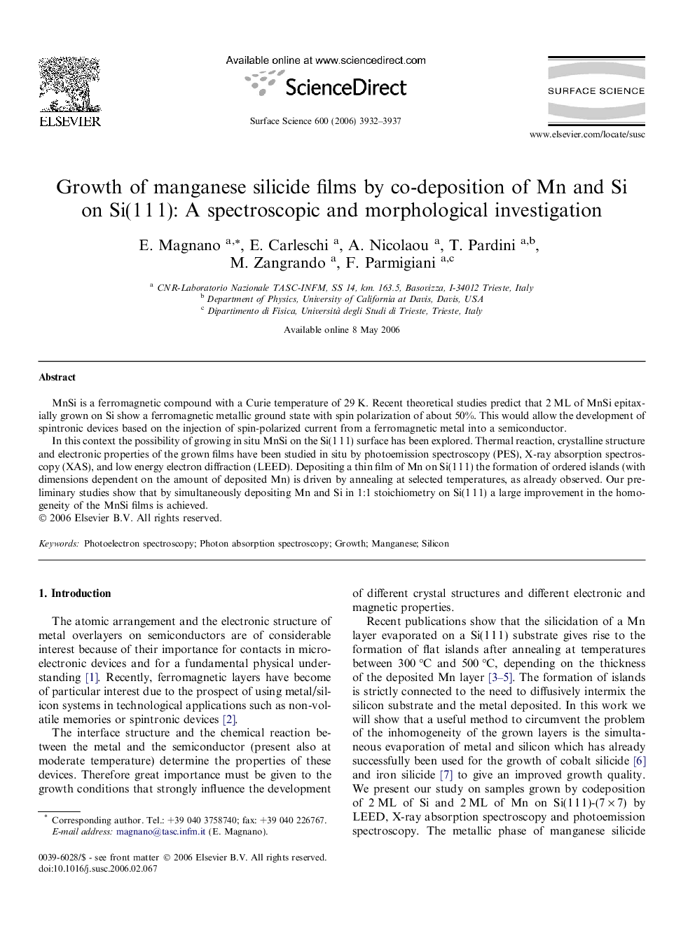 Growth of manganese silicide films by co-deposition of Mn and Si on Si(1 1 1): A spectroscopic and morphological investigation