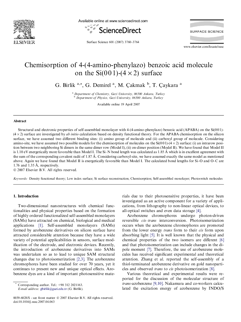 Chemisorption of 4-(4-amino-phenylazo) benzoic acid molecule on the Si(0 0 1)-(4 Ã 2) surface