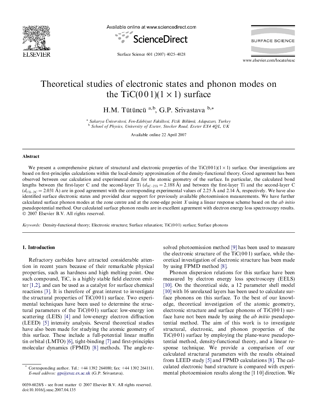 Theoretical studies of electronic states and phonon modes on the TiC(0 0 1)(1 Ã 1) surface