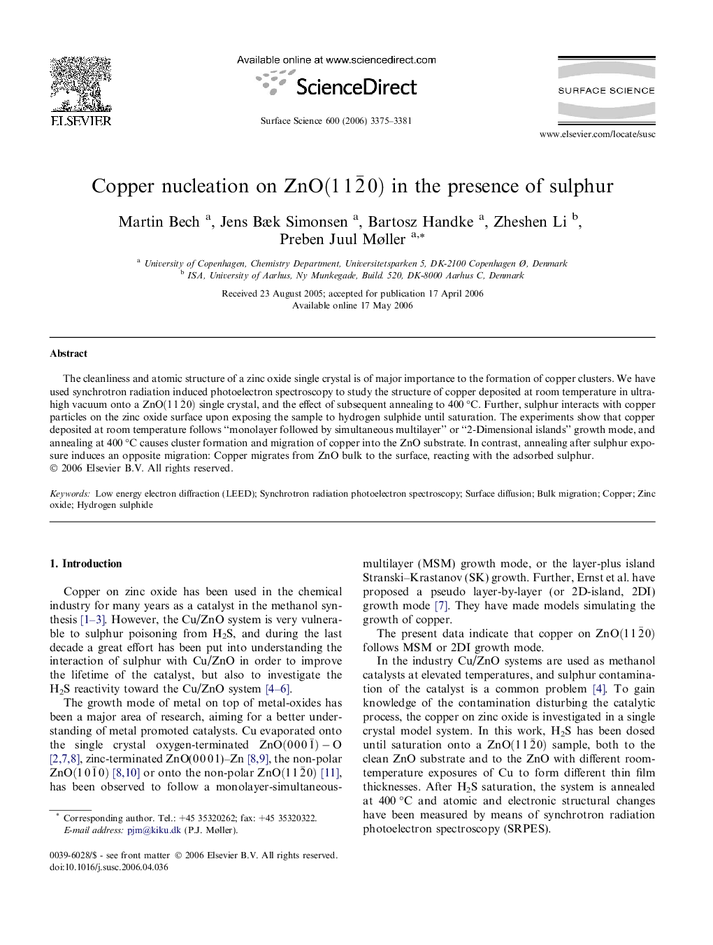 Copper nucleation on ZnO(112Â¯0) in the presence of sulphur