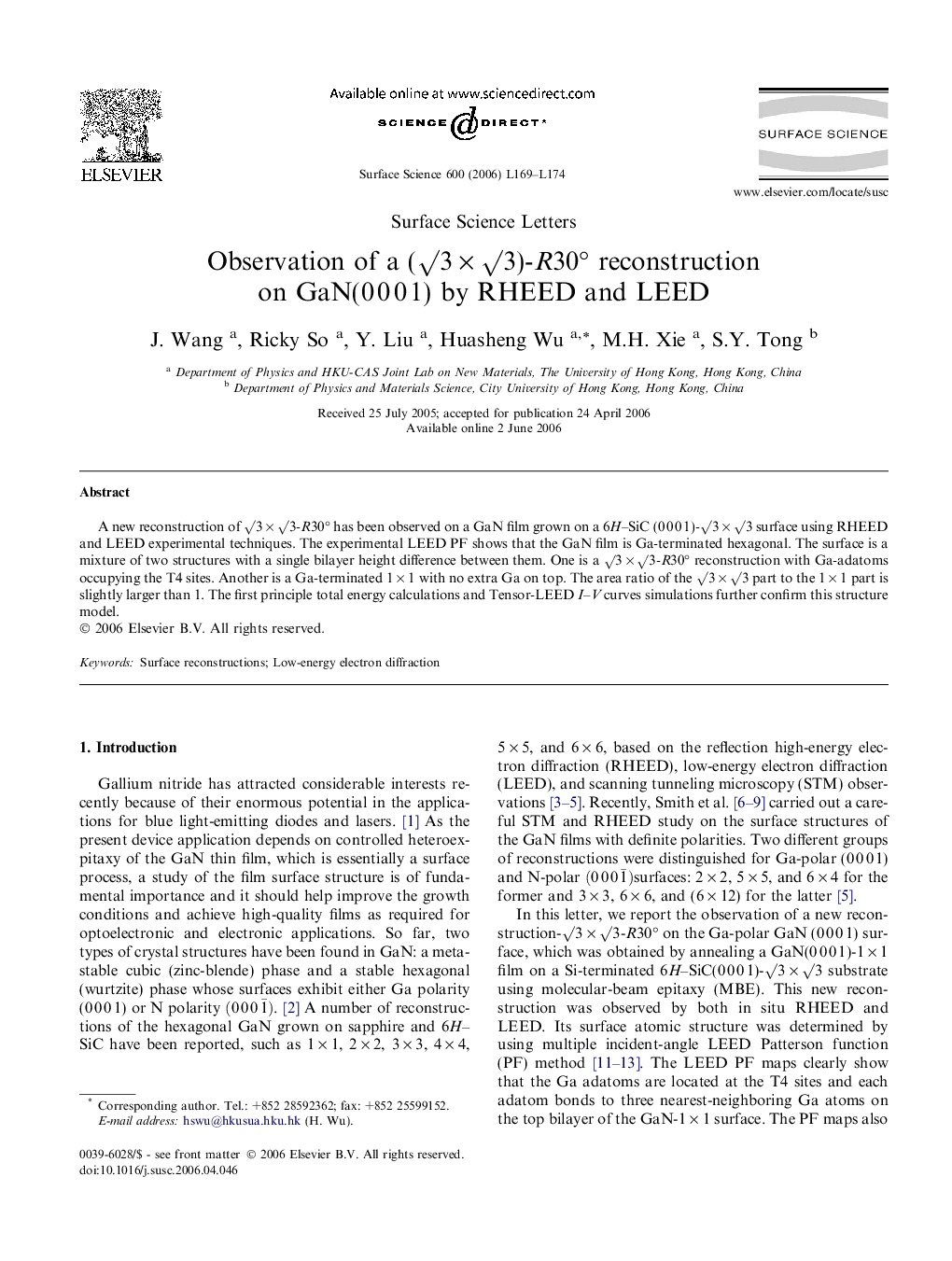 Observation of a (â3 Ã â3)-R30Â° reconstruction on GaN(0 0 0 1) by RHEED and LEED