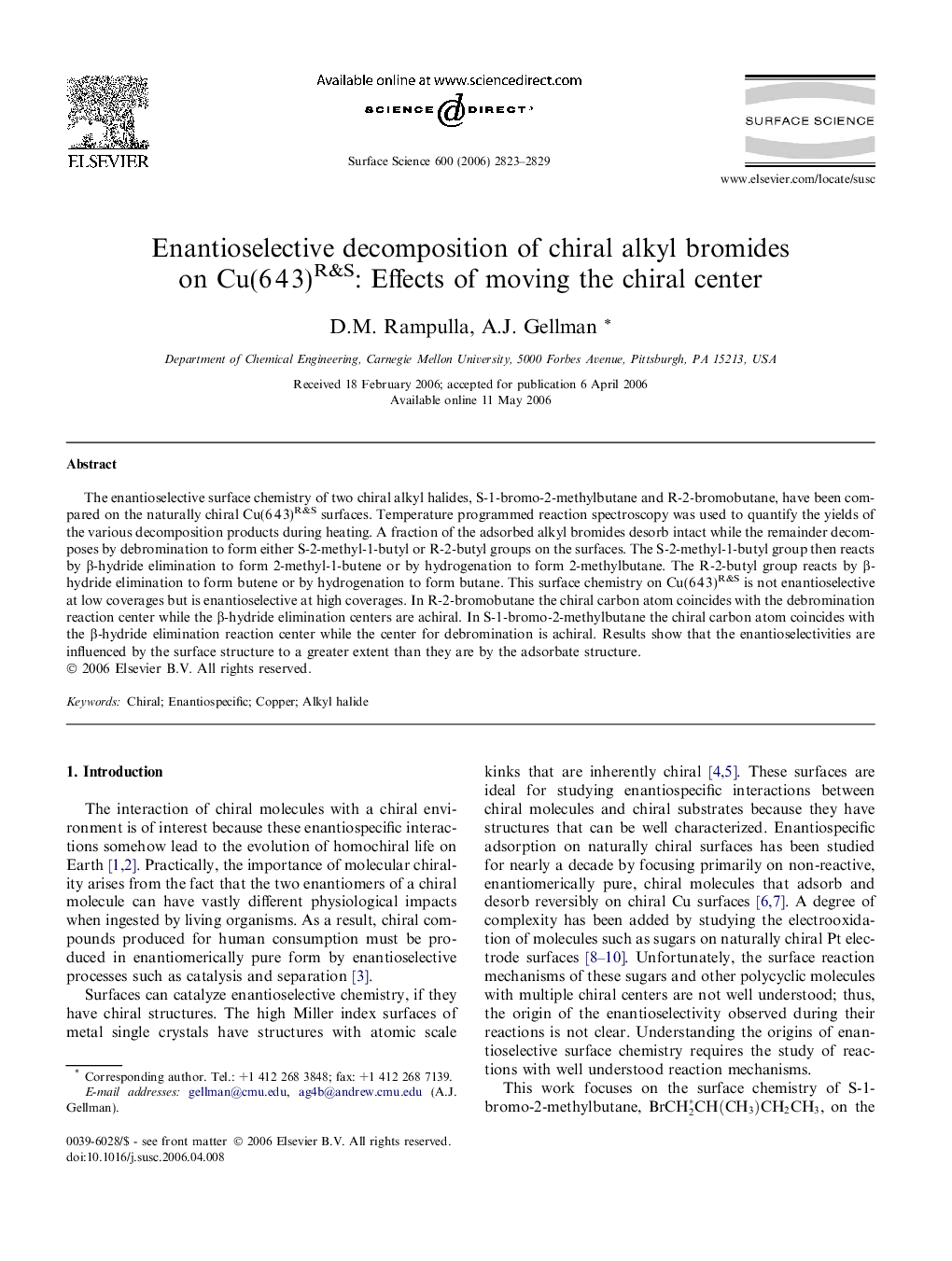 Enantioselective decomposition of chiral alkyl bromides on Cu(6 4 3)R&S: Effects of moving the chiral center