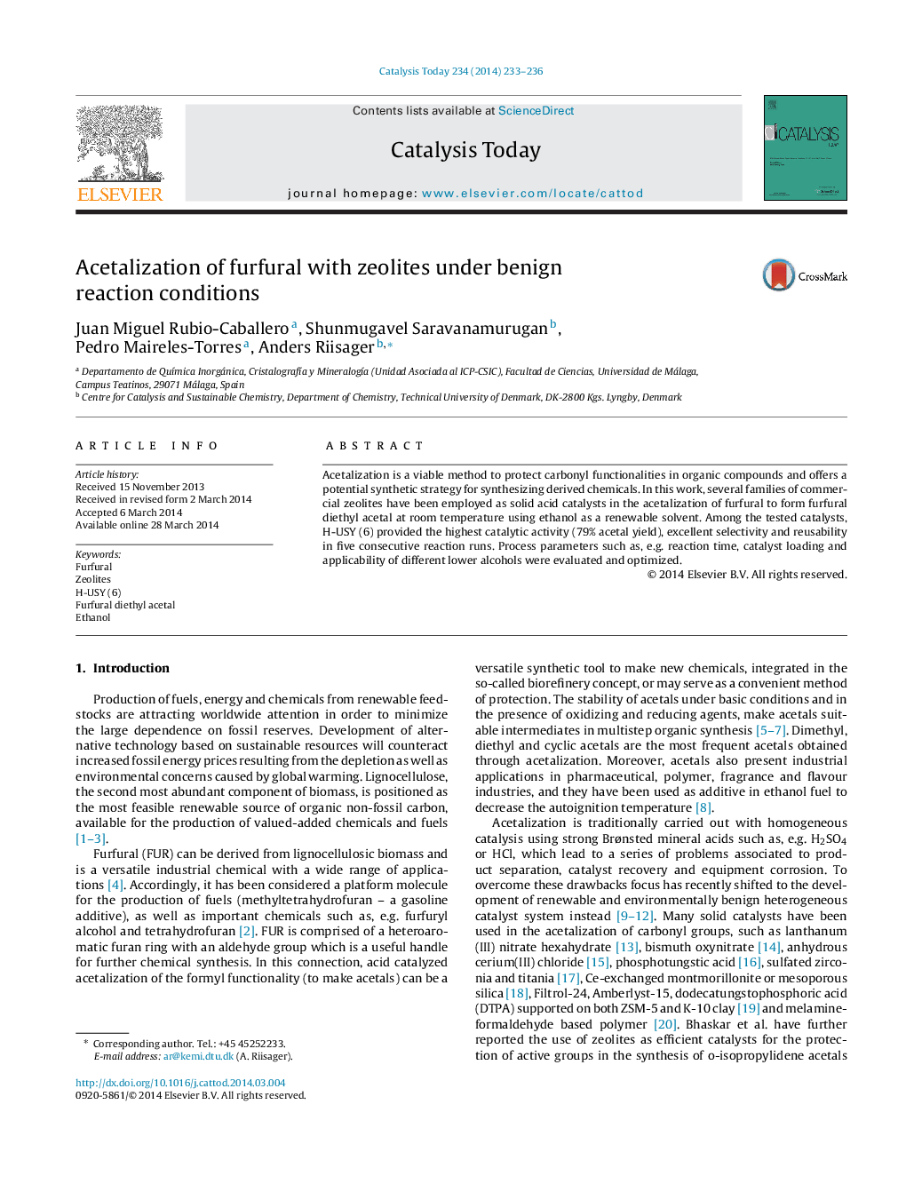 Acetalization of furfural with zeolites under benign reaction conditions