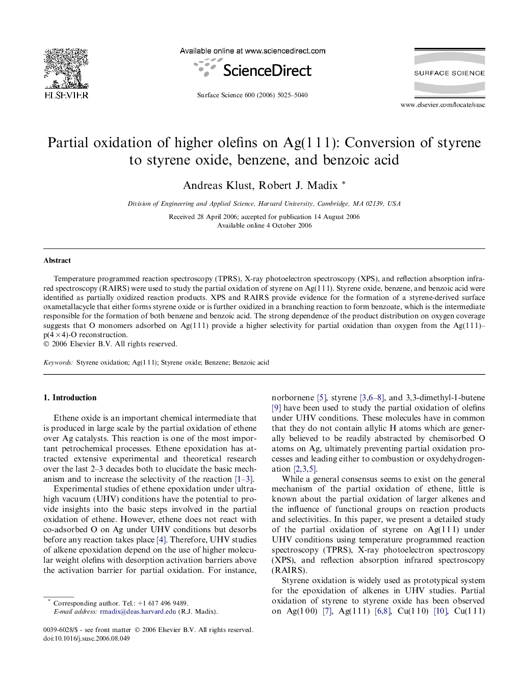 Partial oxidation of higher olefins on Ag(1 1 1): Conversion of styrene to styrene oxide, benzene, and benzoic acid