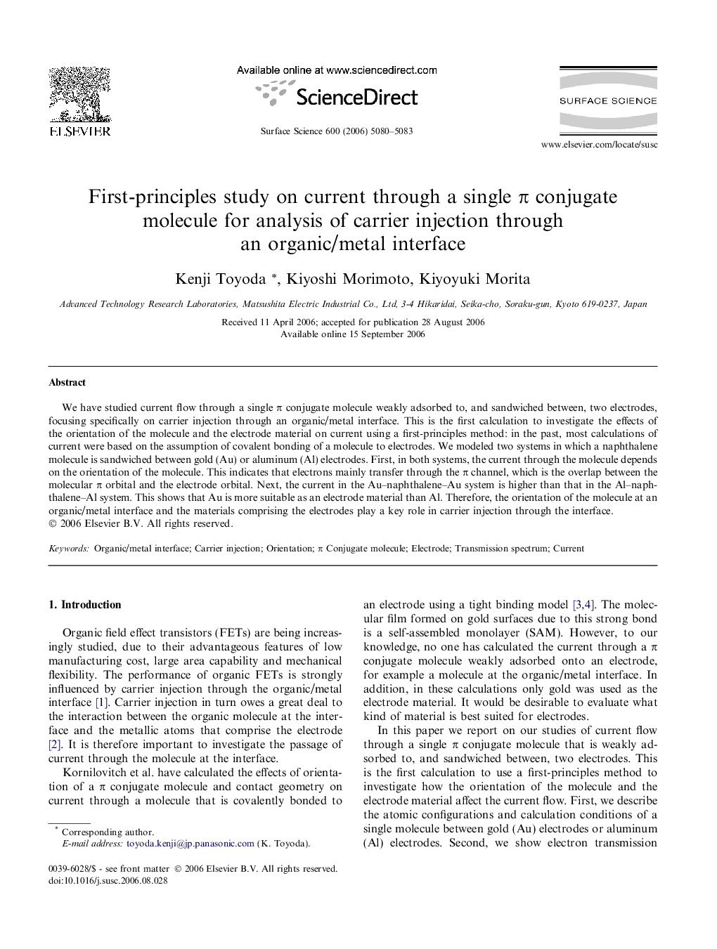 First-principles study on current through a single Ï conjugate molecule for analysis of carrier injection through an organic/metal interface