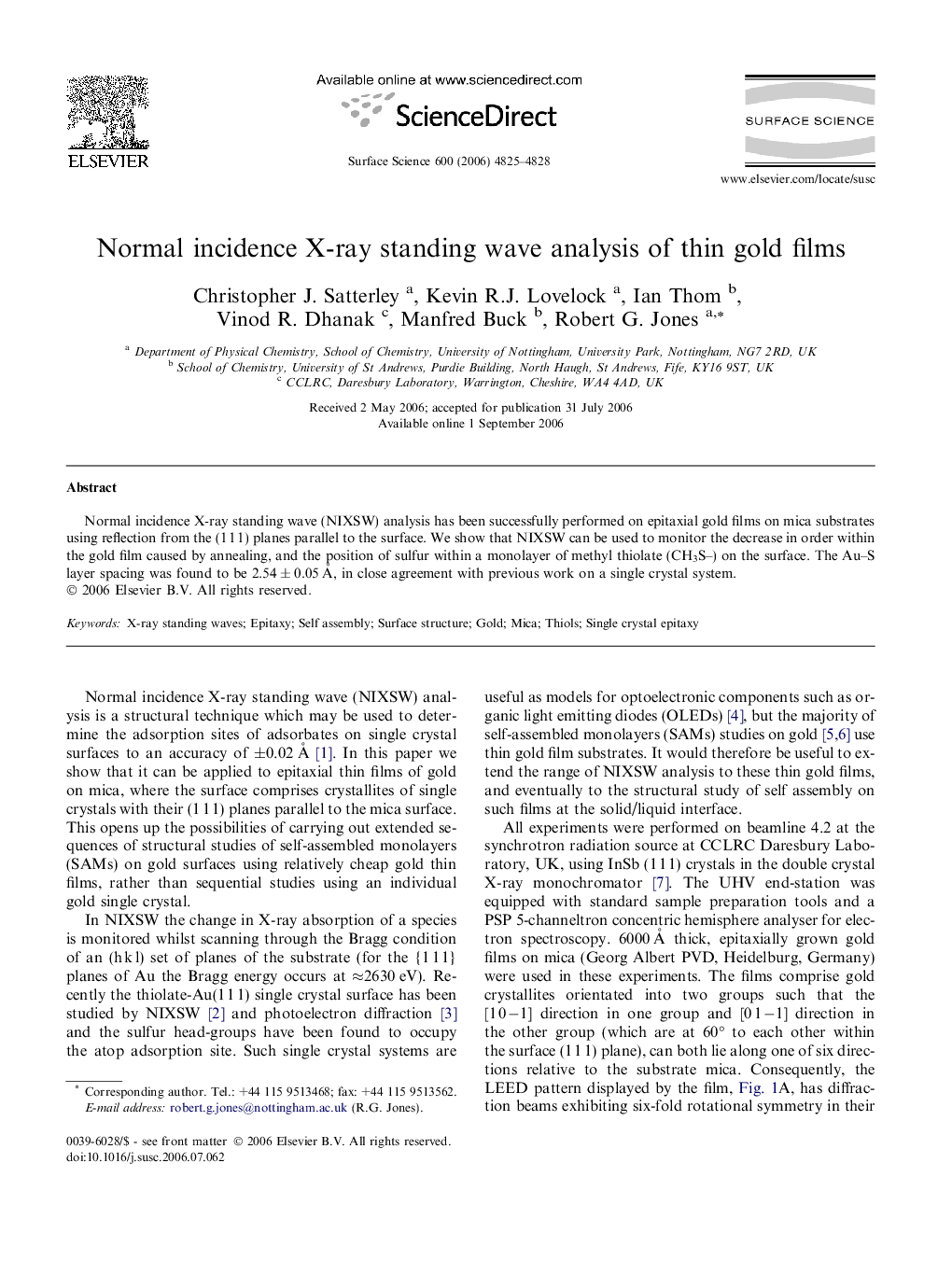 Normal incidence X-ray standing wave analysis of thin gold films