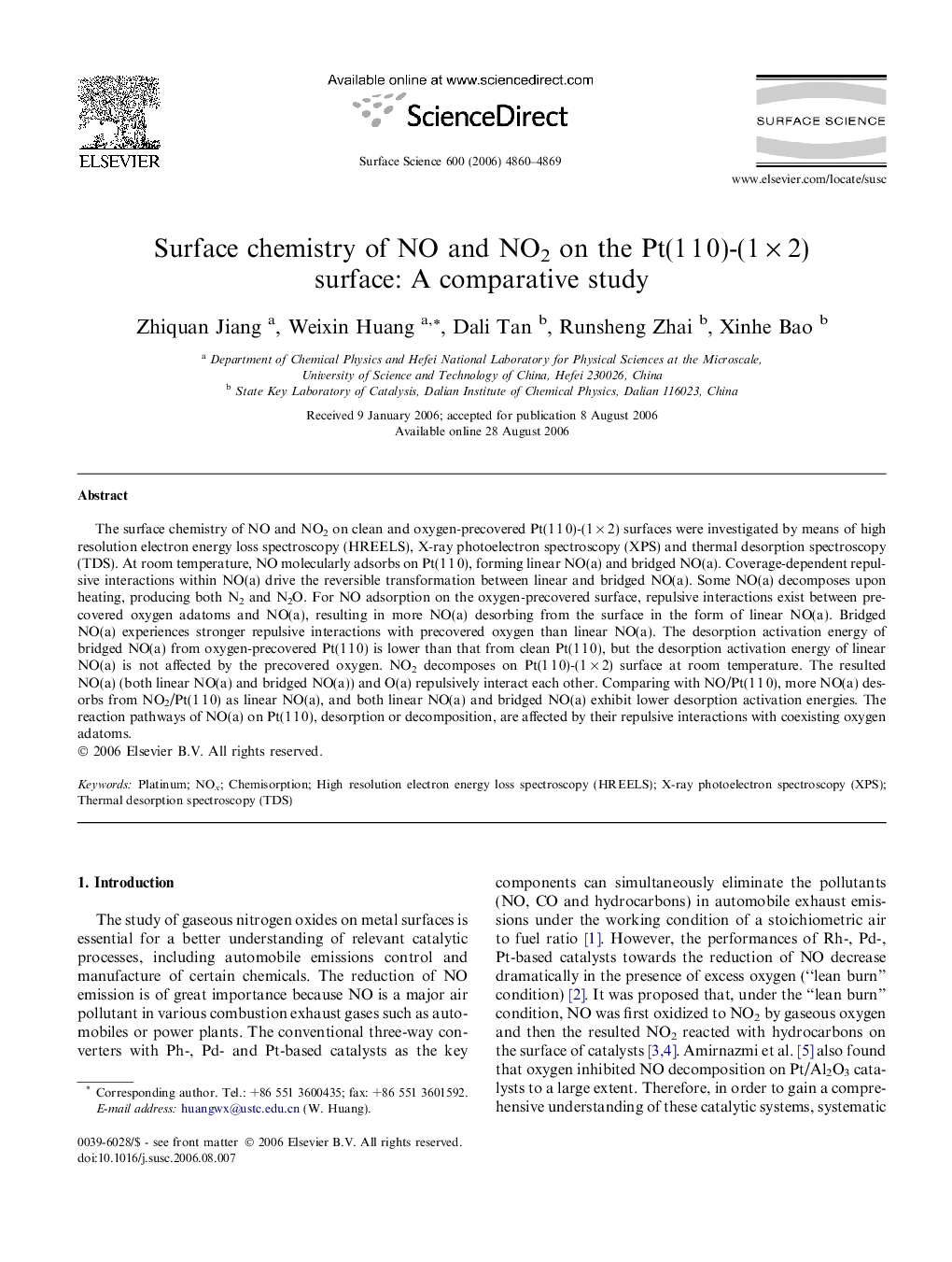 Surface chemistry of NO and NO2 on the Pt(1 1 0)-(1 Ã 2) surface: A comparative study