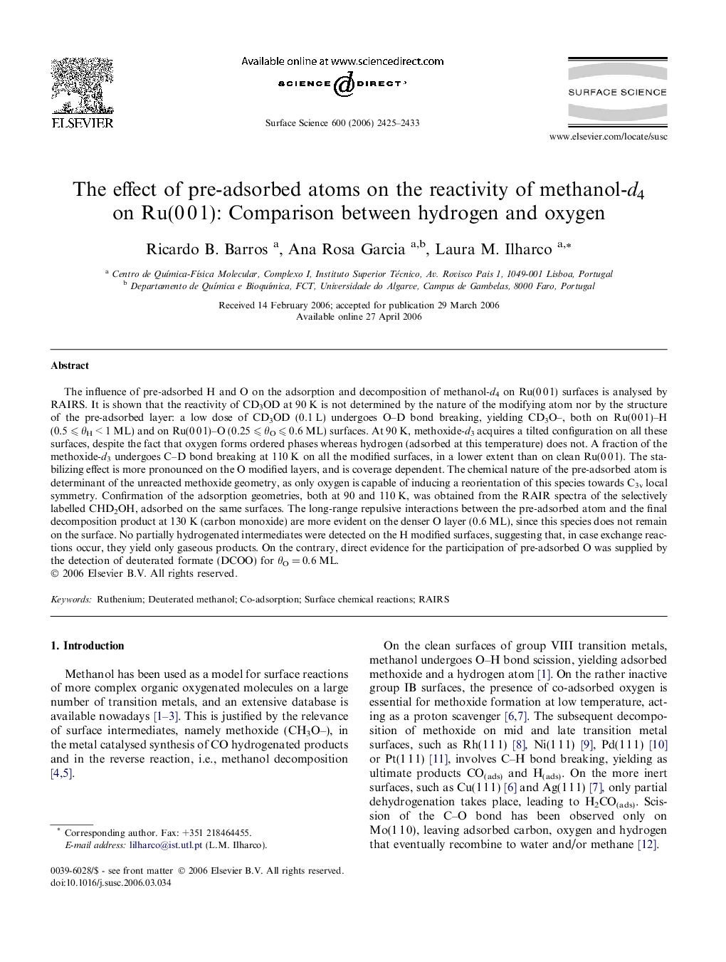 The effect of pre-adsorbed atoms on the reactivity of methanol-d4 on Ru(0 0 1): Comparison between hydrogen and oxygen