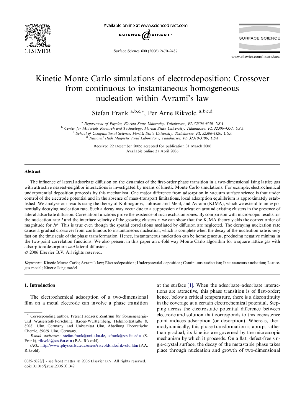 Kinetic Monte Carlo simulations of electrodeposition: Crossover from continuous to instantaneous homogeneous nucleation within Avrami's law