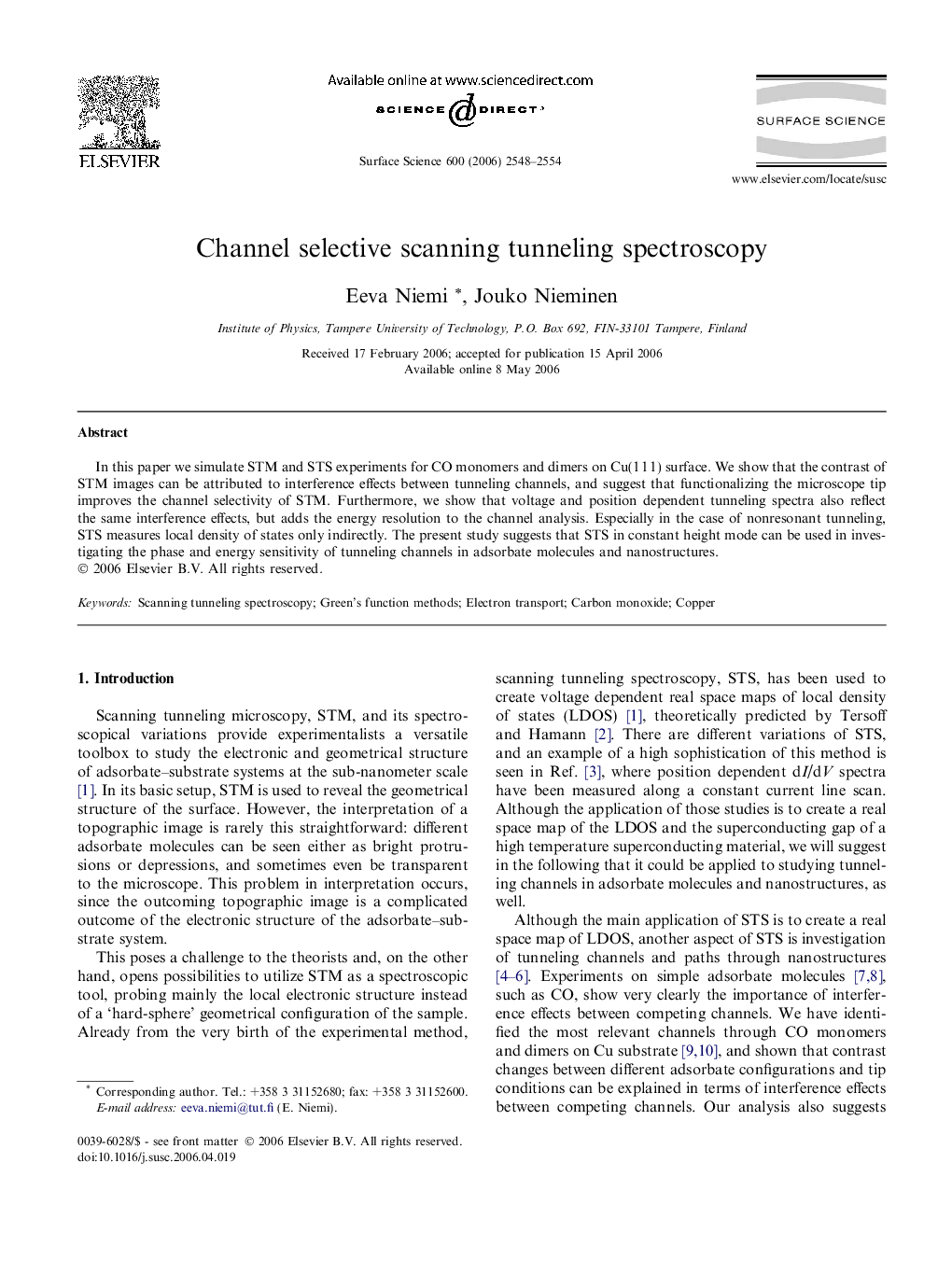 Channel selective scanning tunneling spectroscopy