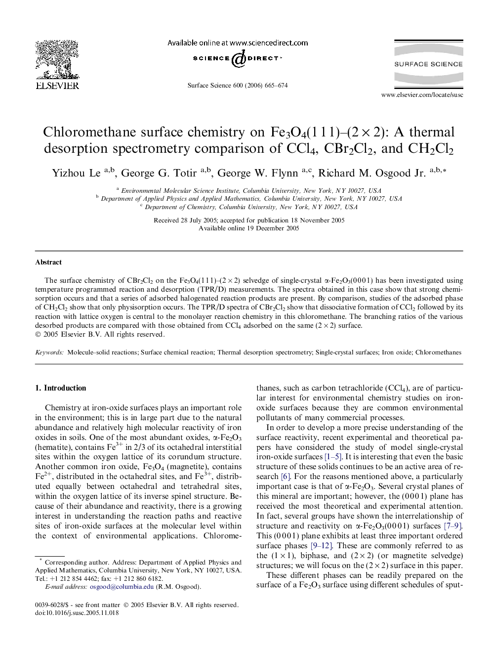 Chloromethane surface chemistry on Fe3O4(1 1 1)-(2 Ã 2): A thermal desorption spectrometry comparison of CCl4, CBr2Cl2, and CH2Cl2