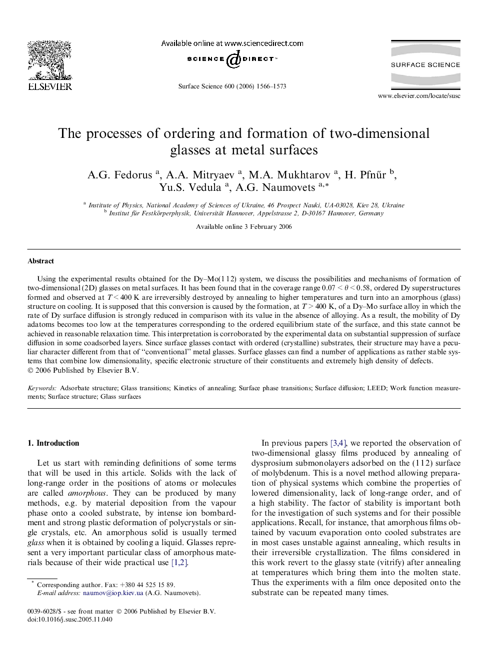 The processes of ordering and formation of two-dimensional glasses at metal surfaces