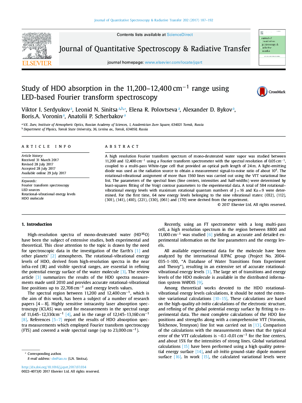 Study of HDO absorption in the 11,200-12,400â¯cmâ1 range using LED-based Fourier transform spectroscopy