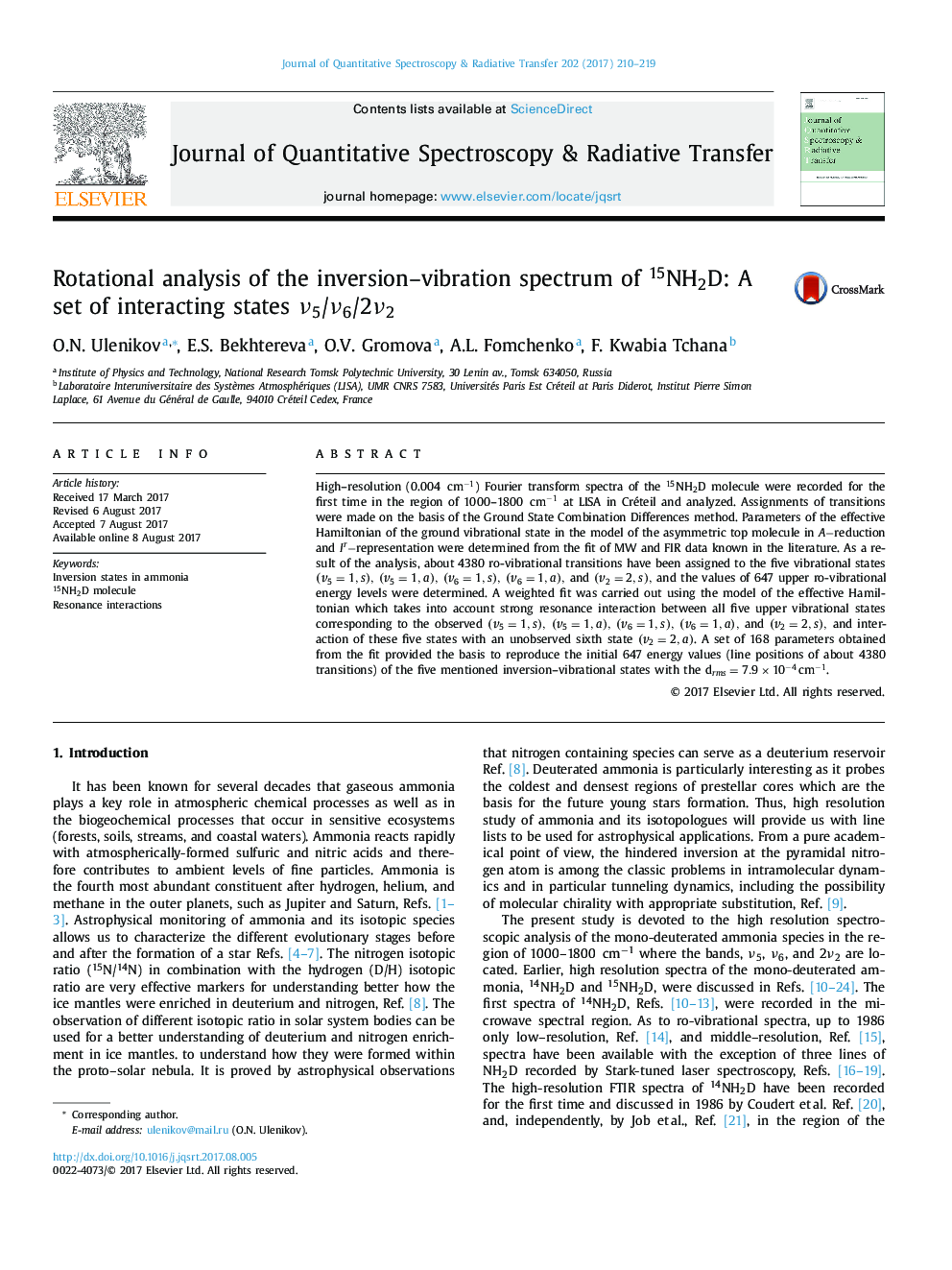 Rotational analysis of the inversion-vibration spectrum of 15NH2D: A set of interacting states Î½5/Î½6/2Î½2