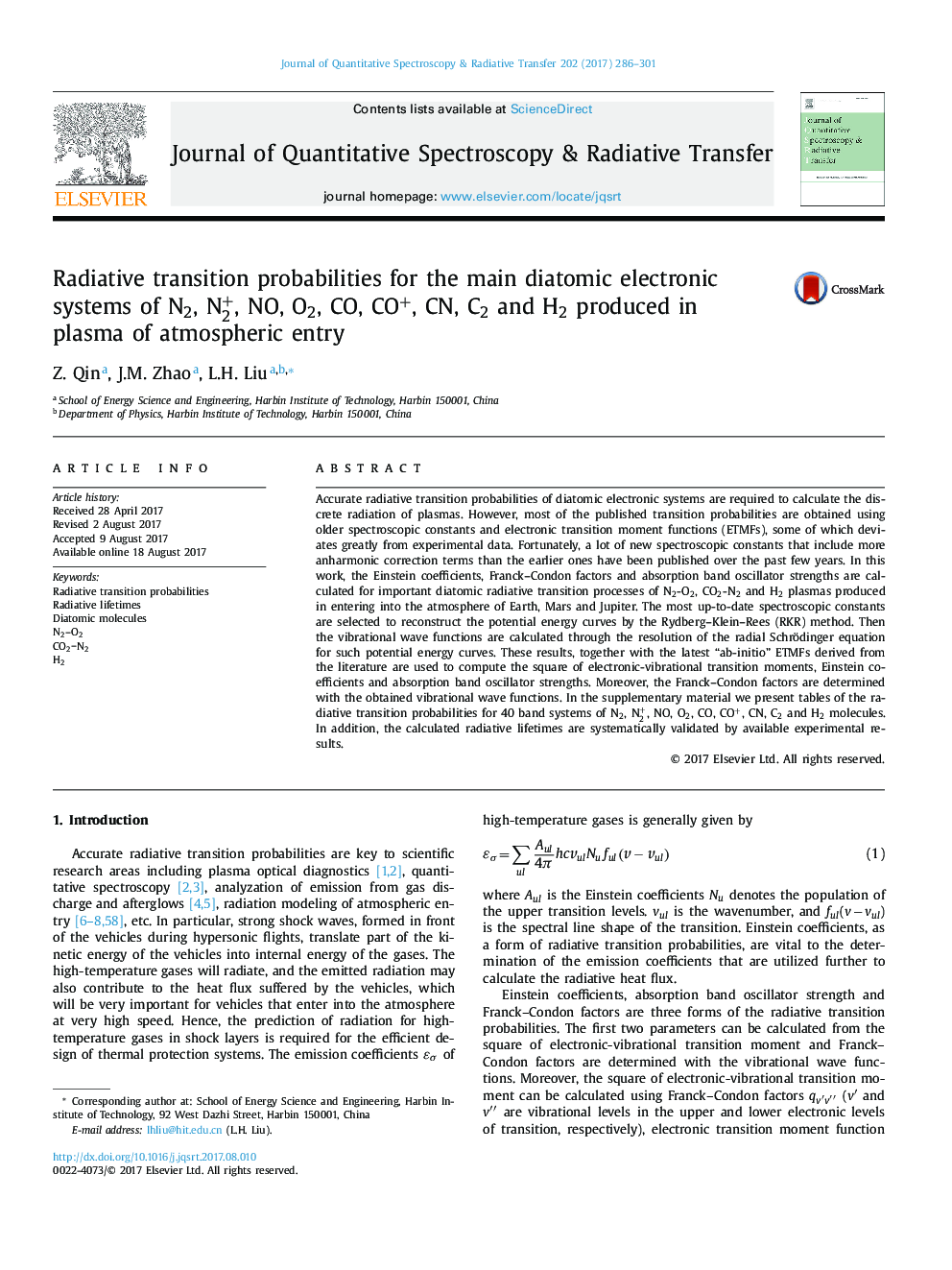 Radiative transition probabilities for the main diatomic electronic systems of N2, N2+, NO, O2, CO, CO+, CN, C2 and H2 produced in plasma of atmospheric entry