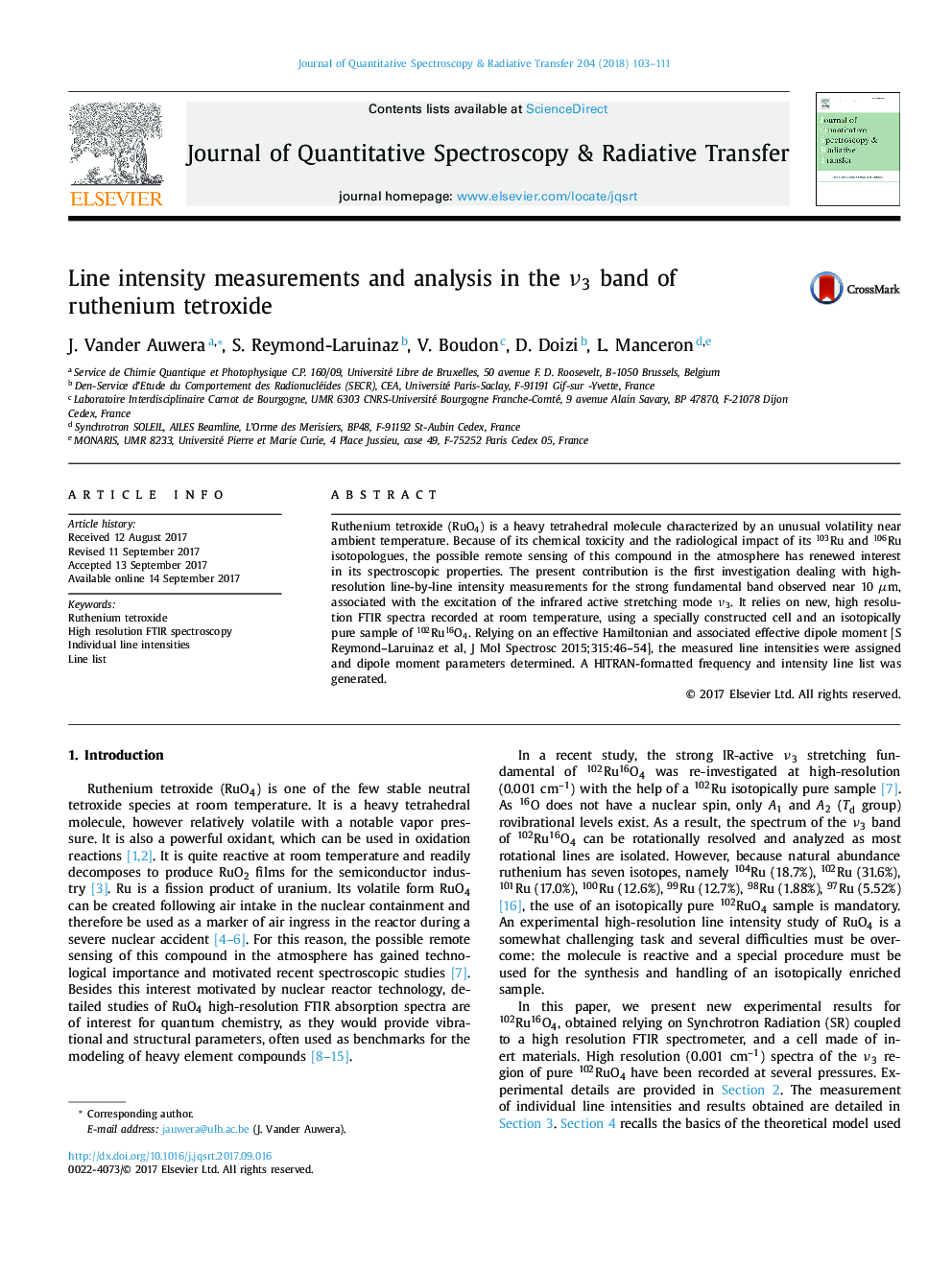 Line intensity measurements and analysis in the Î½3 band of ruthenium tetroxide