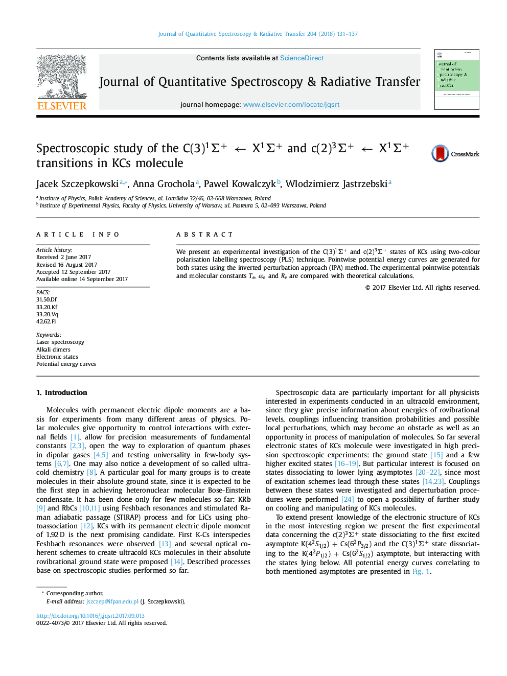 Spectroscopic study of the C(3)1Î£+ â¯ââ¯ X1Î£+ and c(2)3Î£+ â¯ââ¯ X1Î£+ transitions in KCs molecule