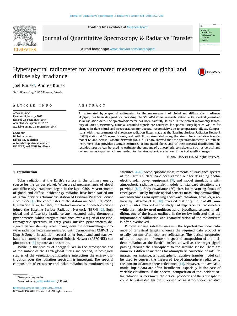 Hyperspectral radiometer for automated measurement of global and diffuse sky irradiance