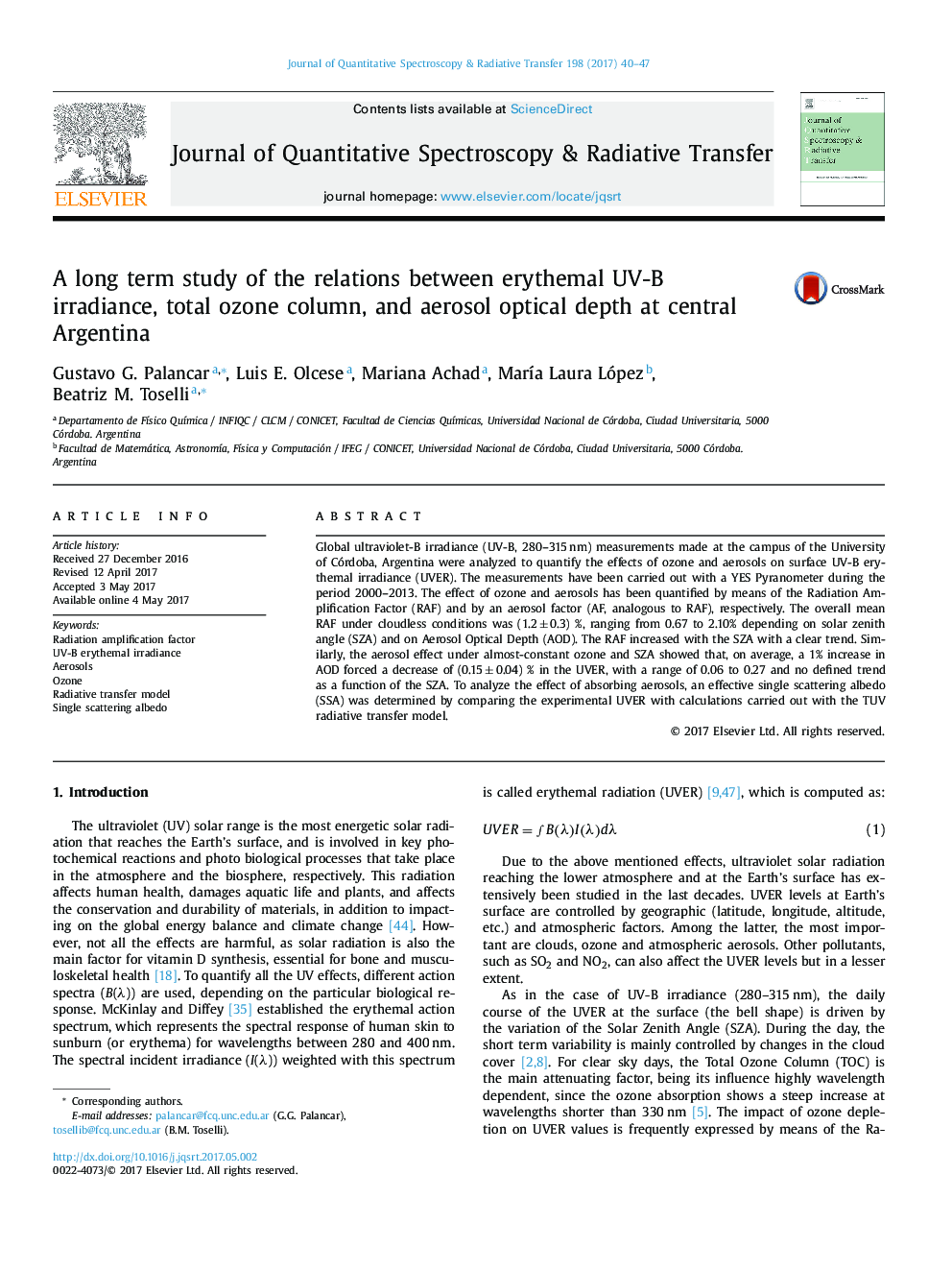 A long term study of the relations between erythemal UV-B irradiance, total ozone column, and aerosol optical depth at central Argentina