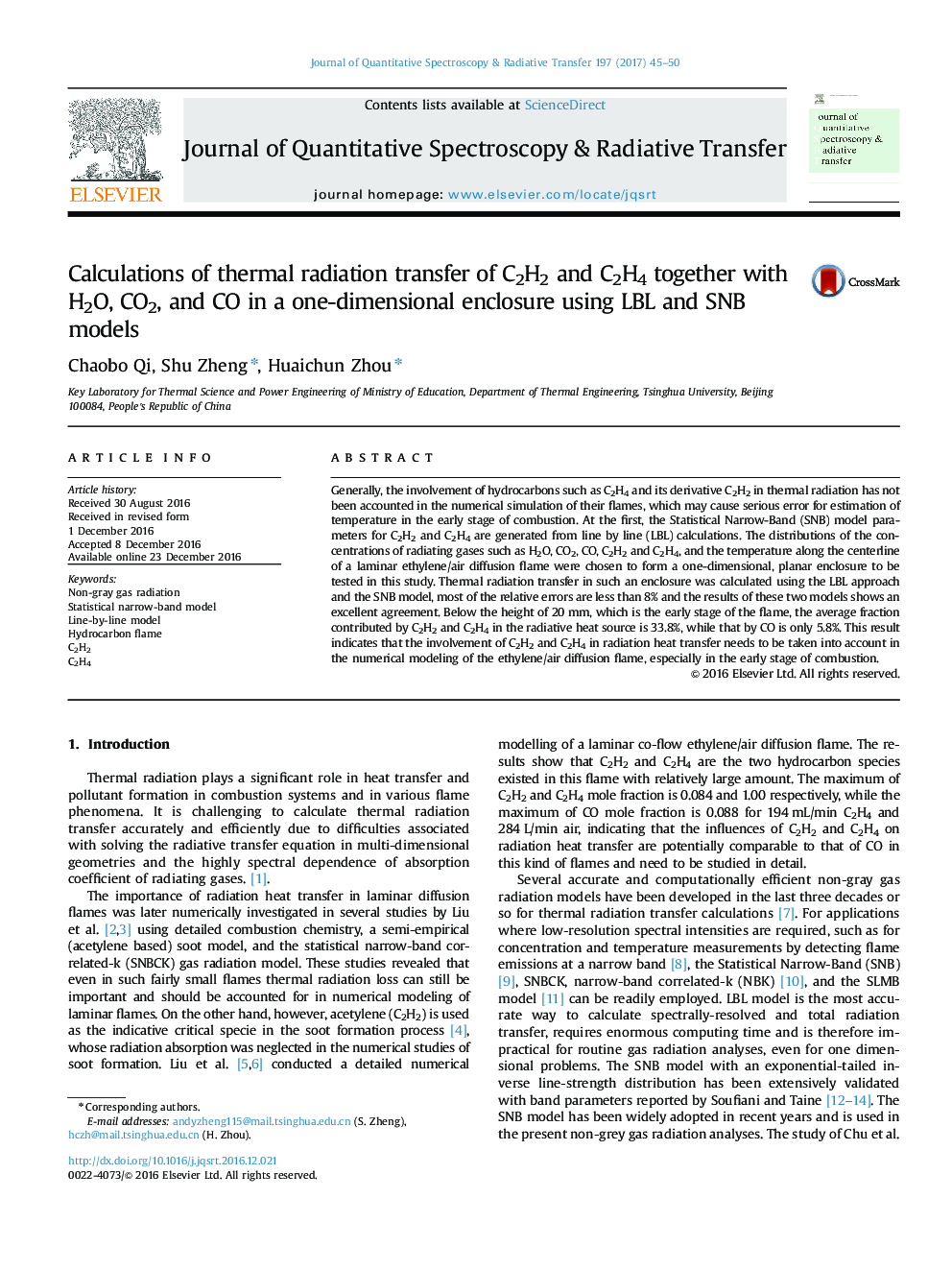 Calculations of thermal radiation transfer of C2H2 and C2H4 together with H2O, CO2, and CO in a one-dimensional enclosure using LBL and SNB models